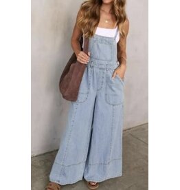 Wide leg denim overalls