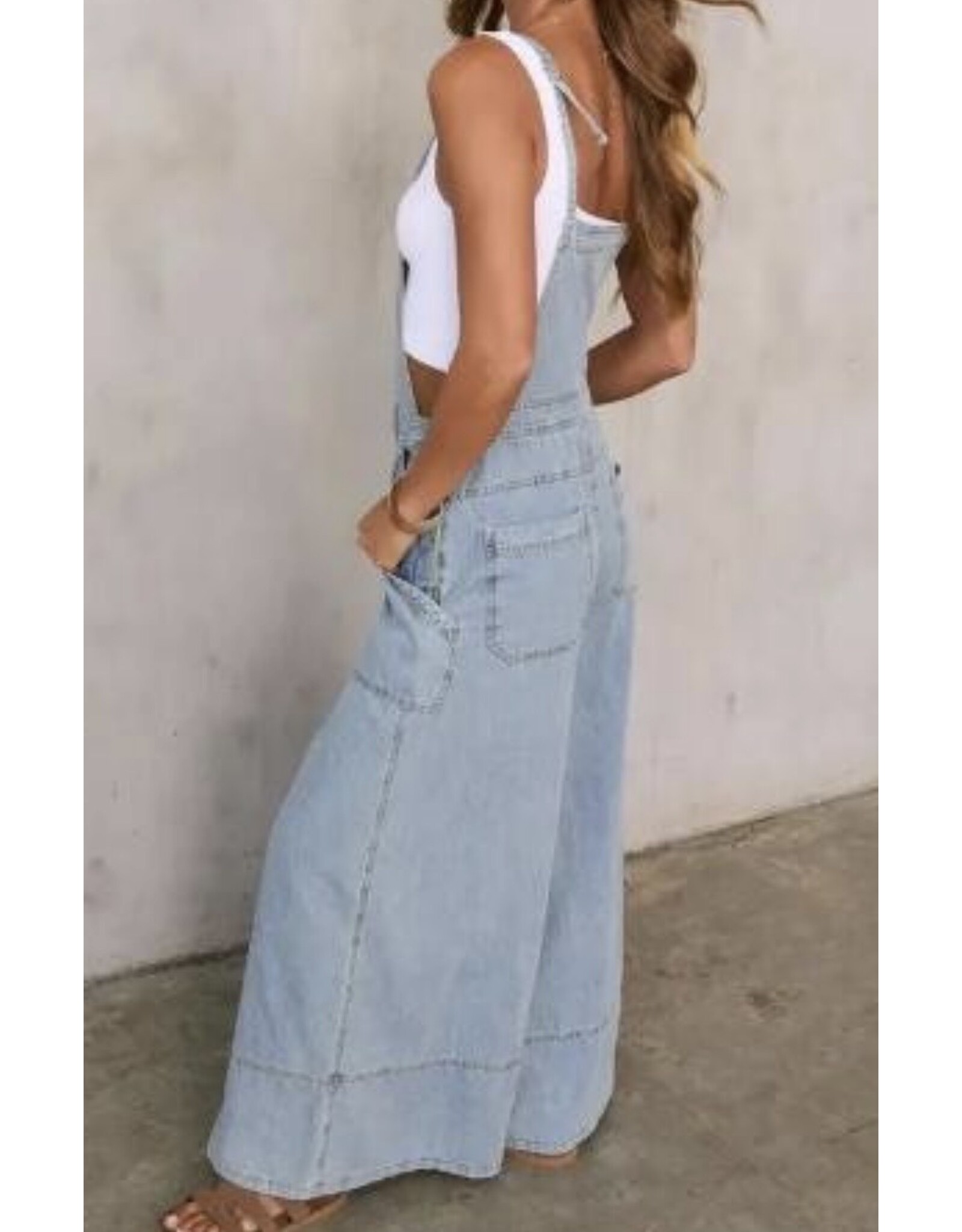 Wide leg denim overalls
