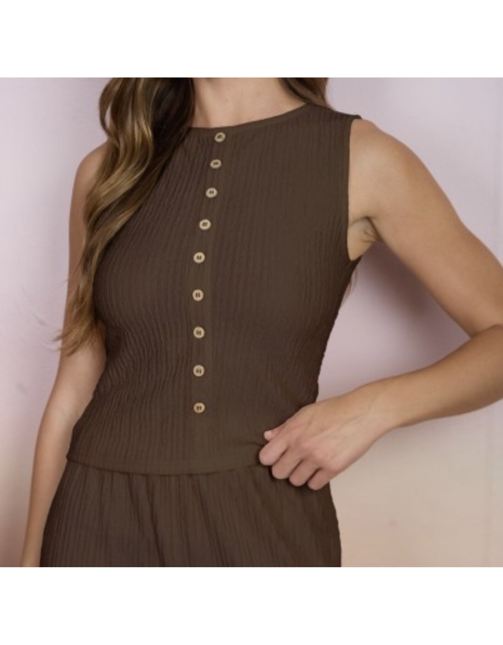 Mock button sleeveless knit top