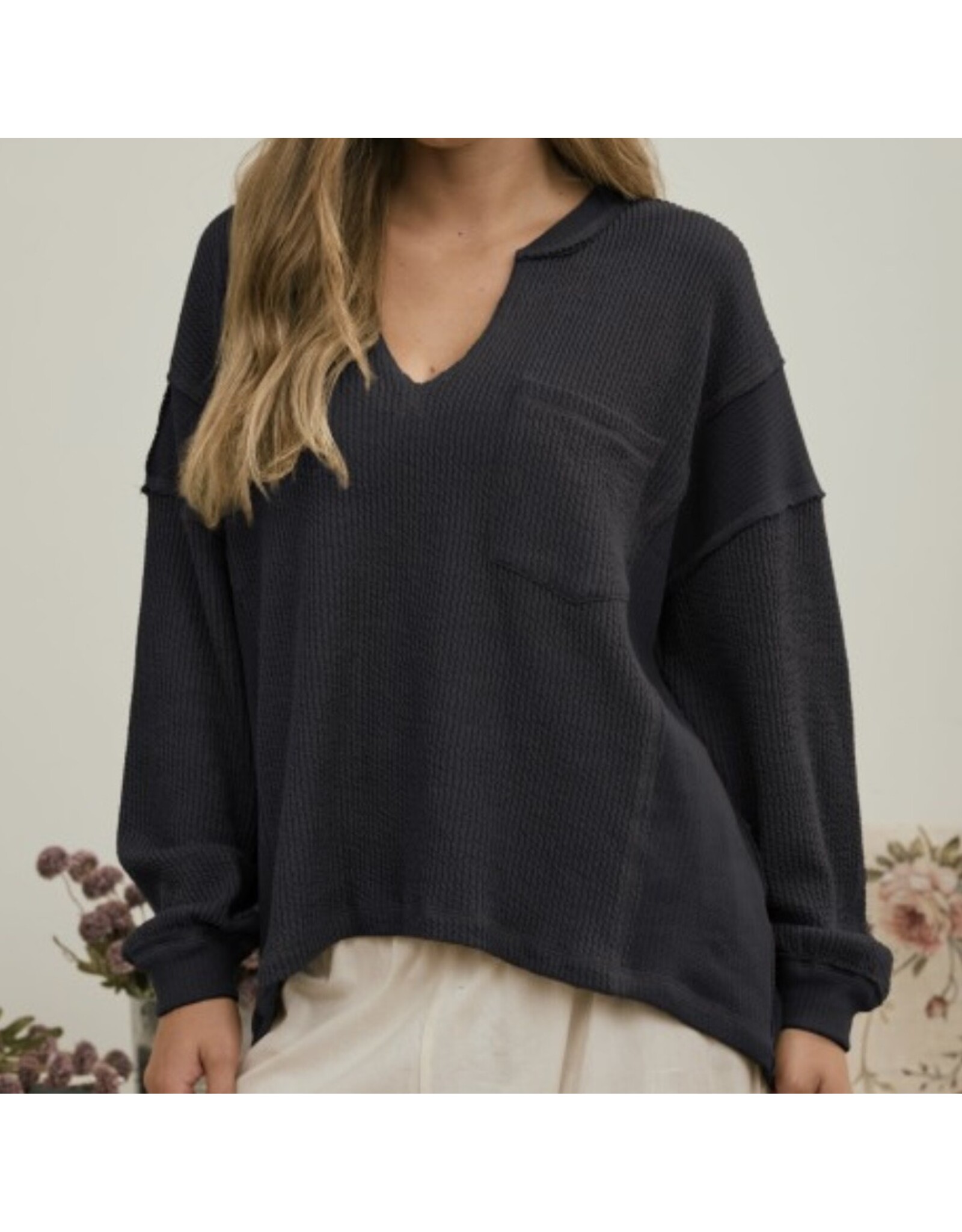 Split neck l/s knit top