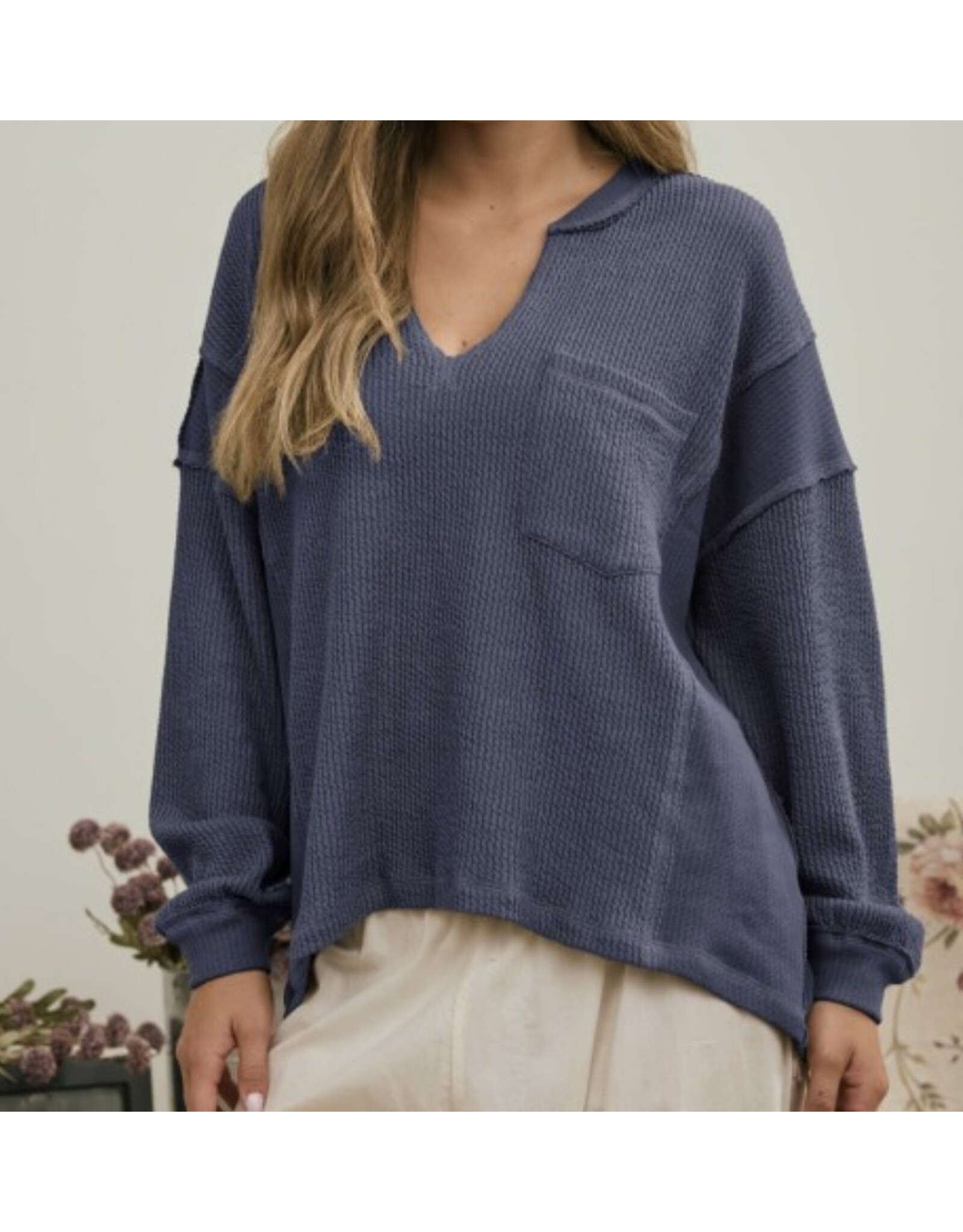 Split neck l/s knit top