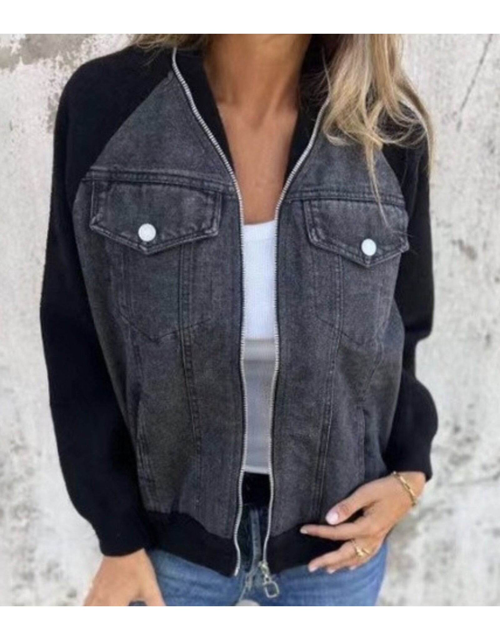 Zip up denim jacket in gray/black