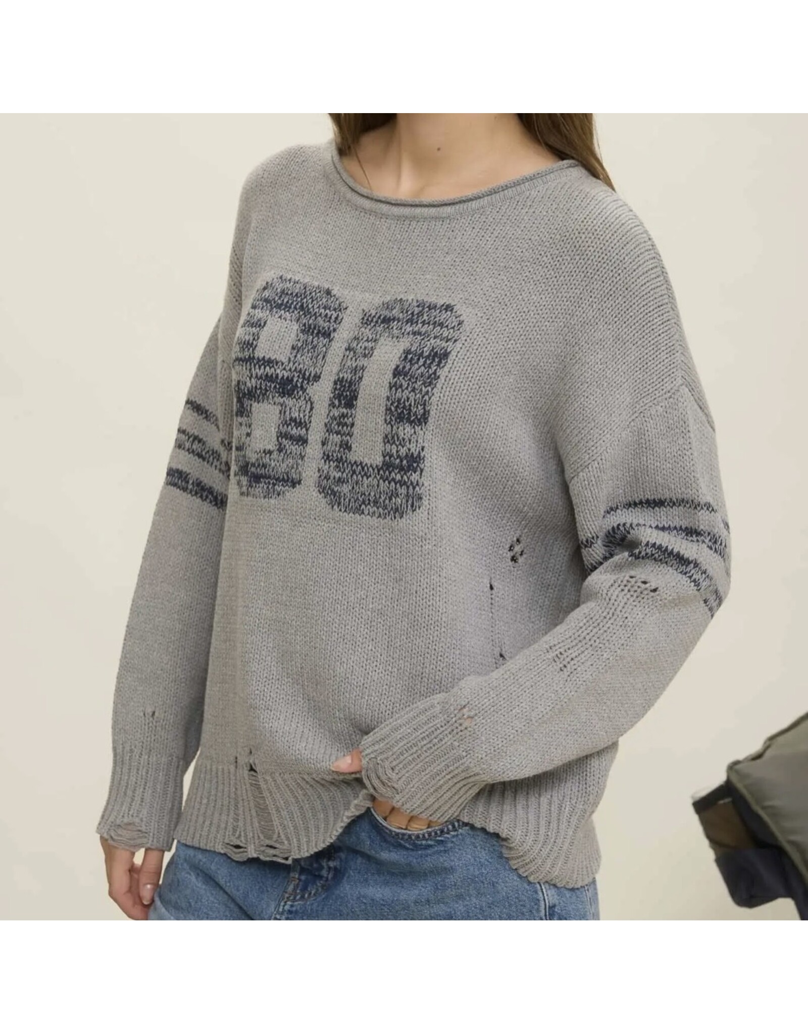 Blu pepper Distressed L/S Varsity Knit Top