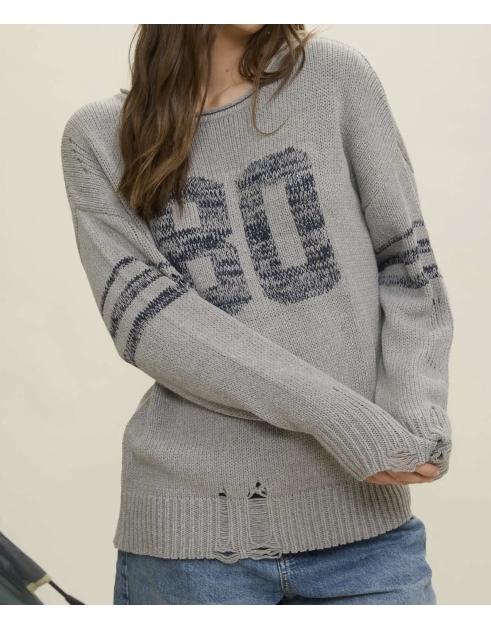 Blu pepper Distressed L/S Varsity Knit Top