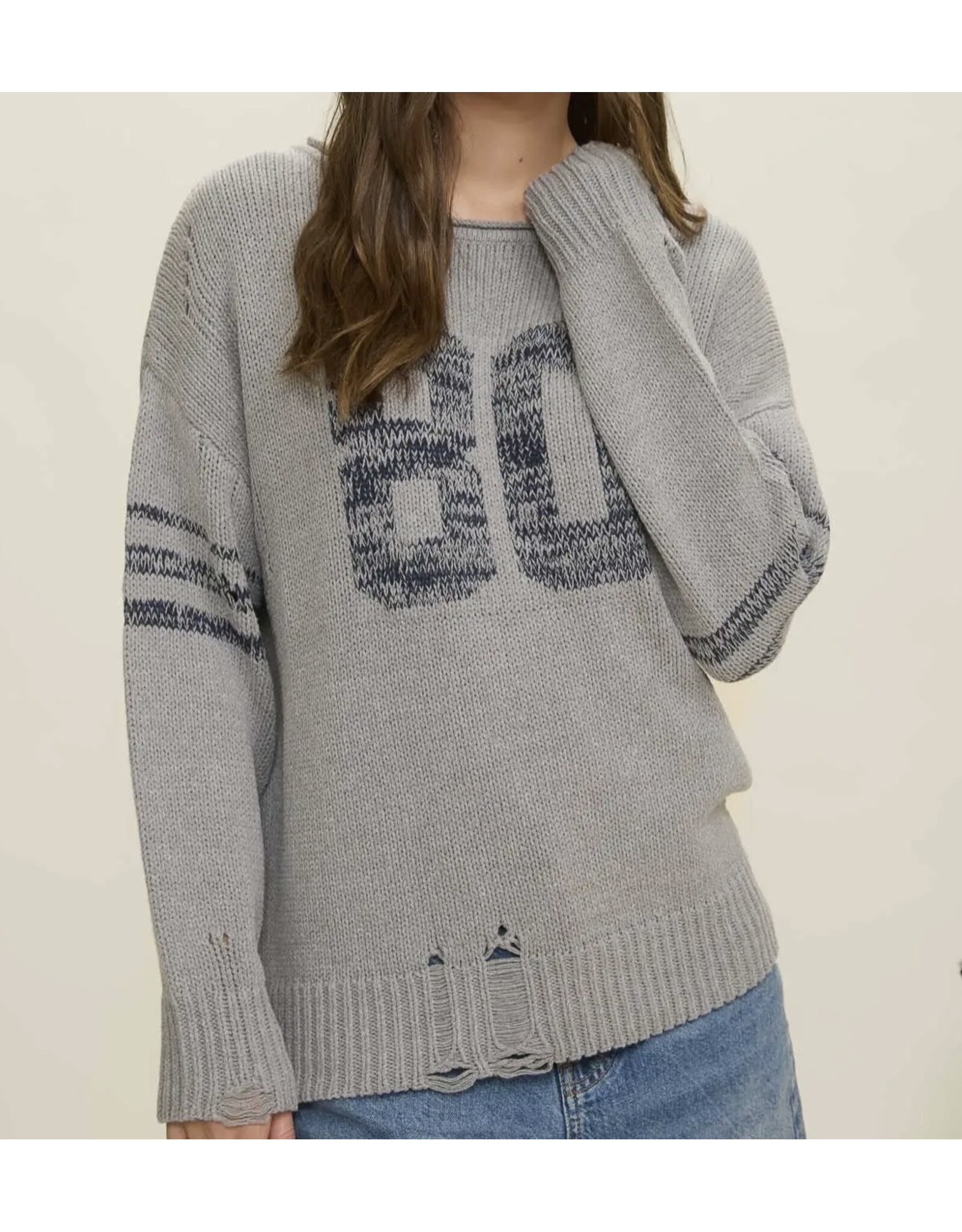 Blu pepper Distressed L/S Varsity Knit Top
