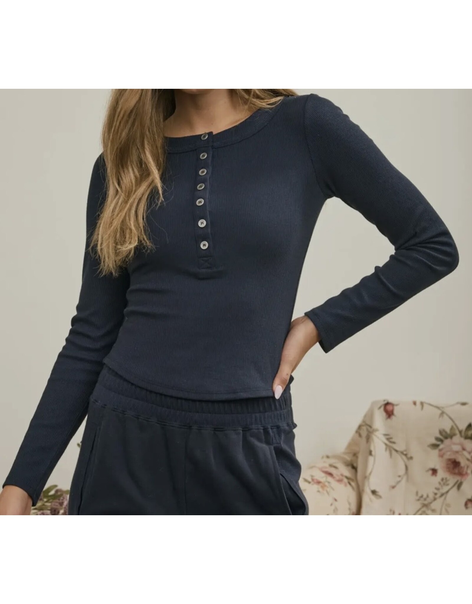Blu pepper Ribbed Henley Knit Top