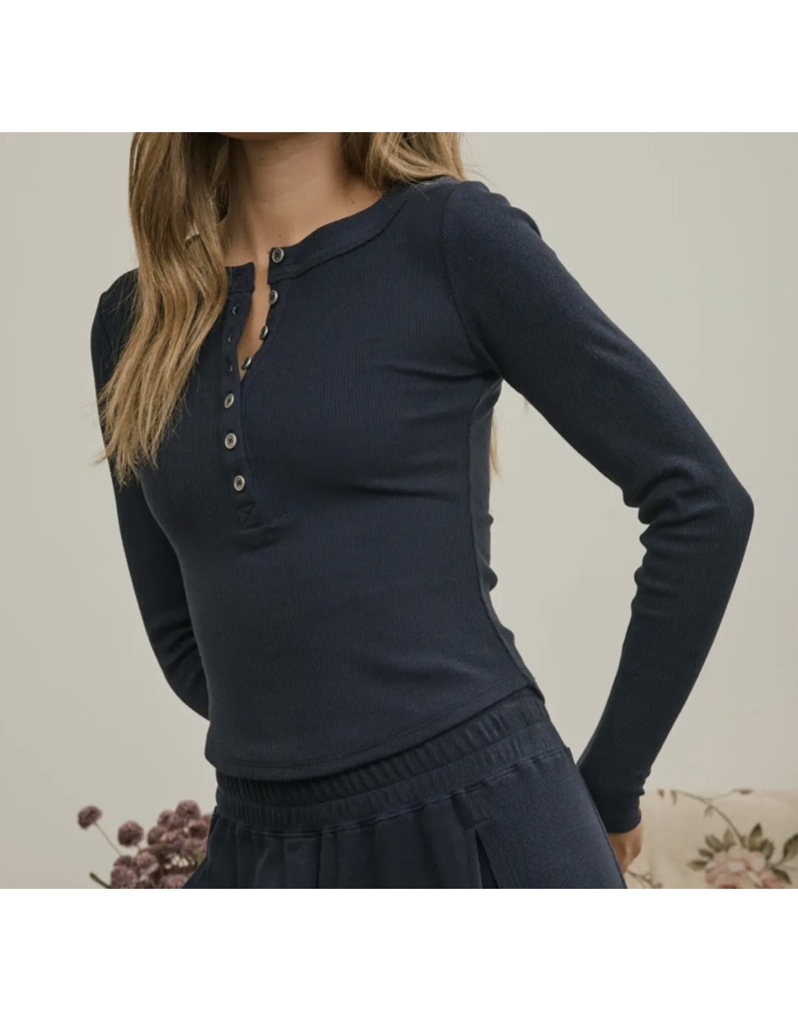 Blu pepper Ribbed Henley Knit Top
