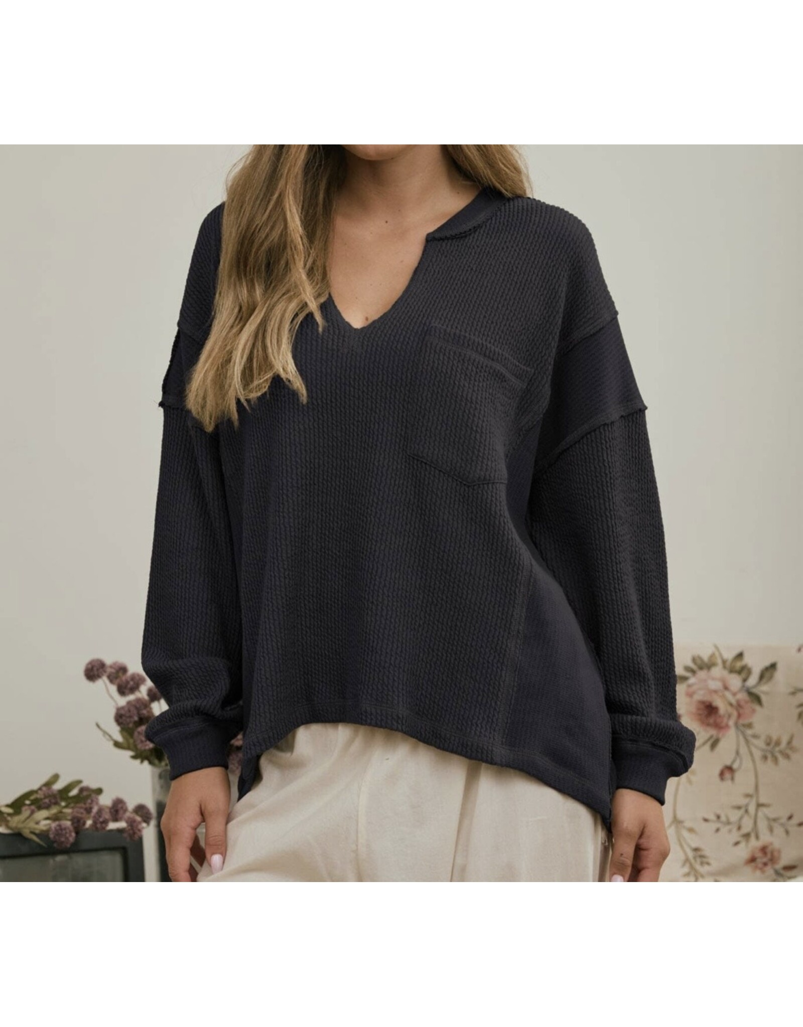 Blu pepper Split Neck Raw Edge Top