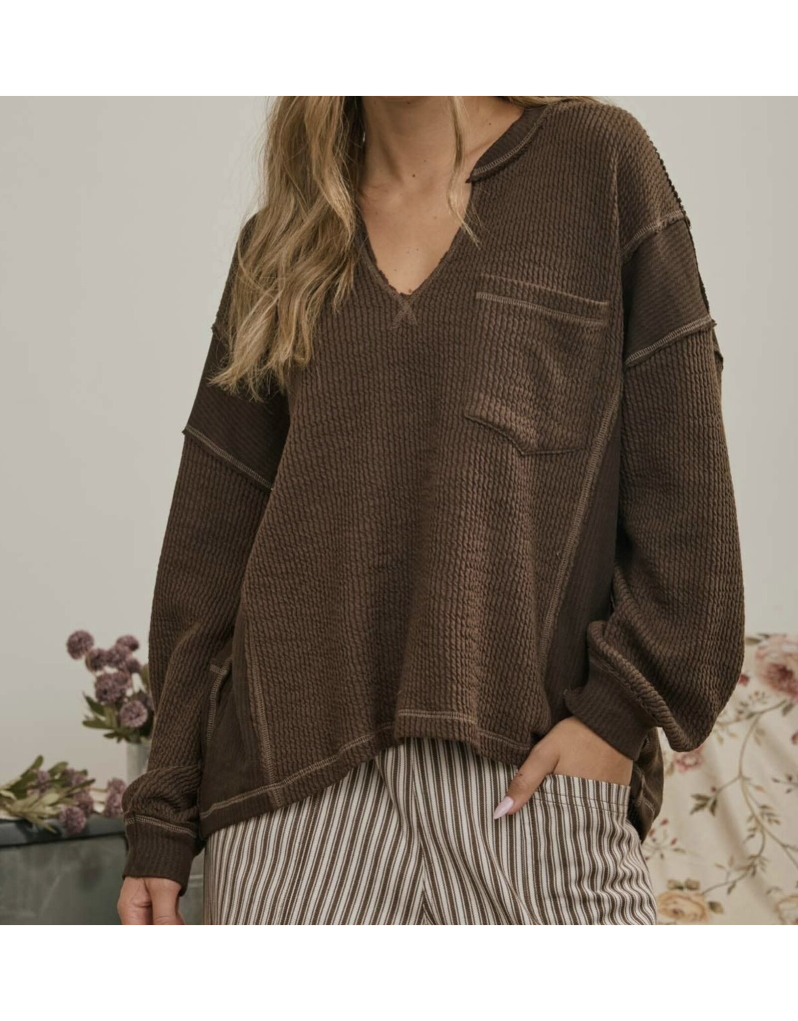 Blu pepper Split Neck Raw Edge Top