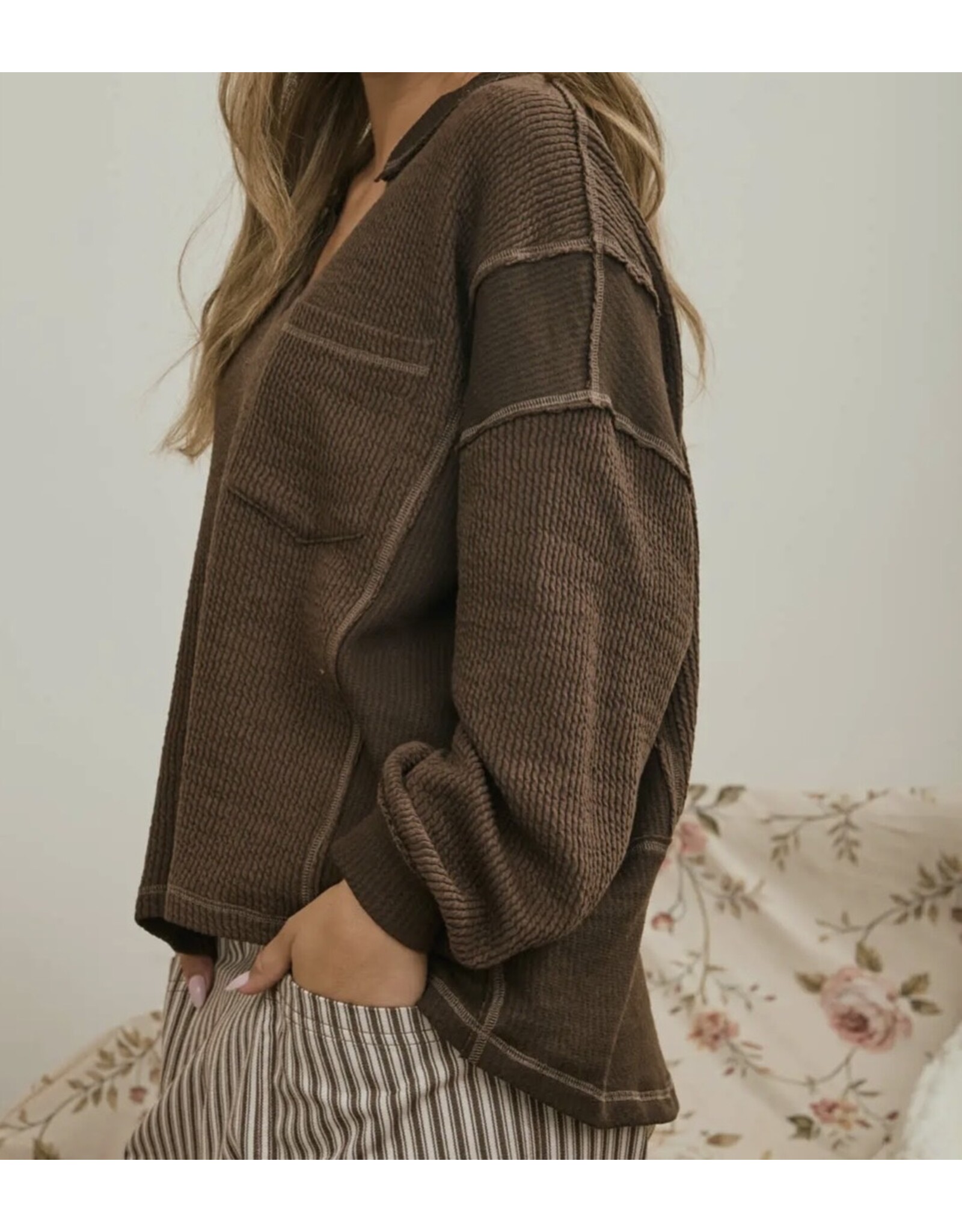 Blu pepper Split Neck Raw Edge Top