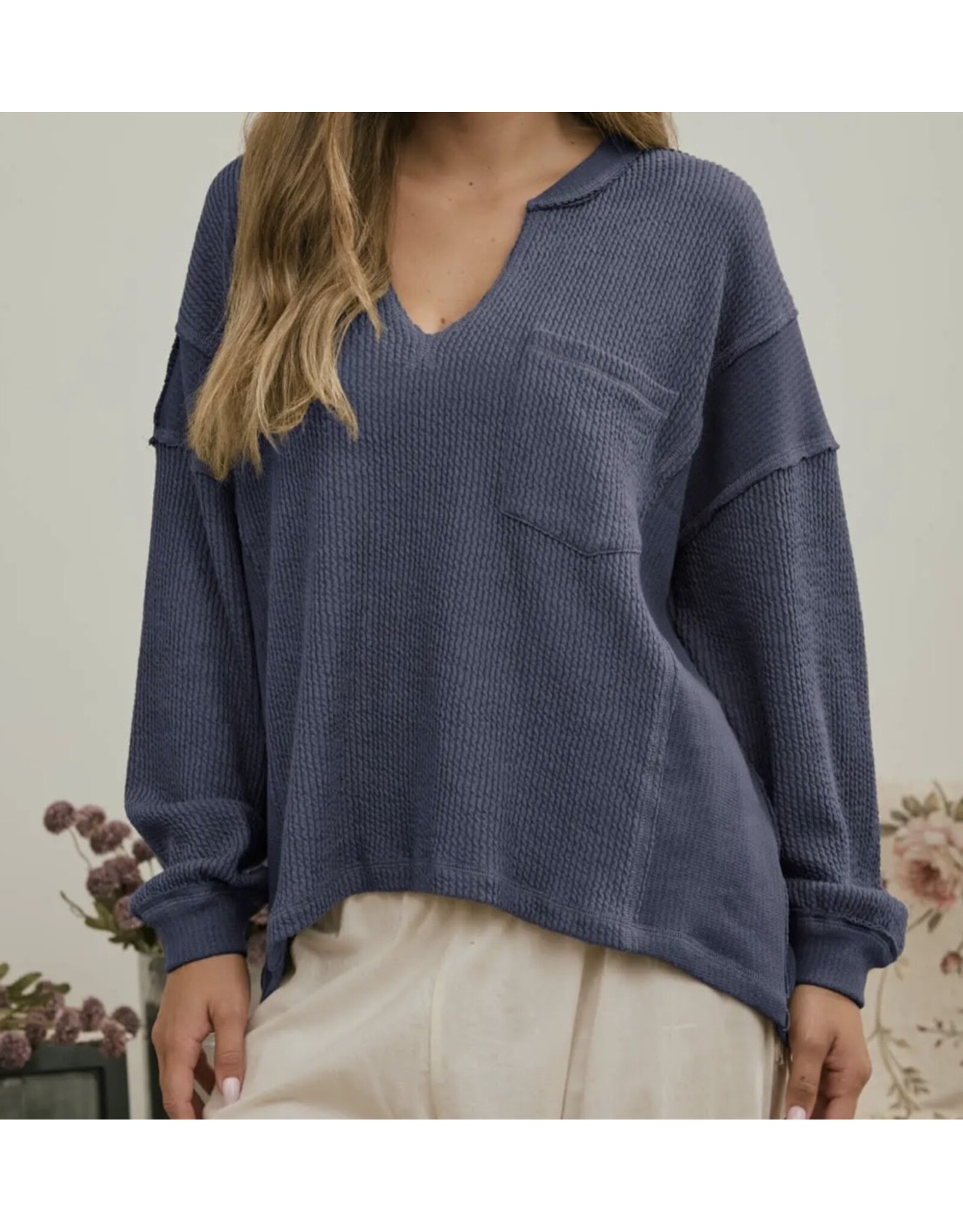 Blu pepper Split Neck Raw Edge Top