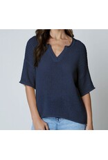 Blu pepper Split Neck S/S crochet knit top
