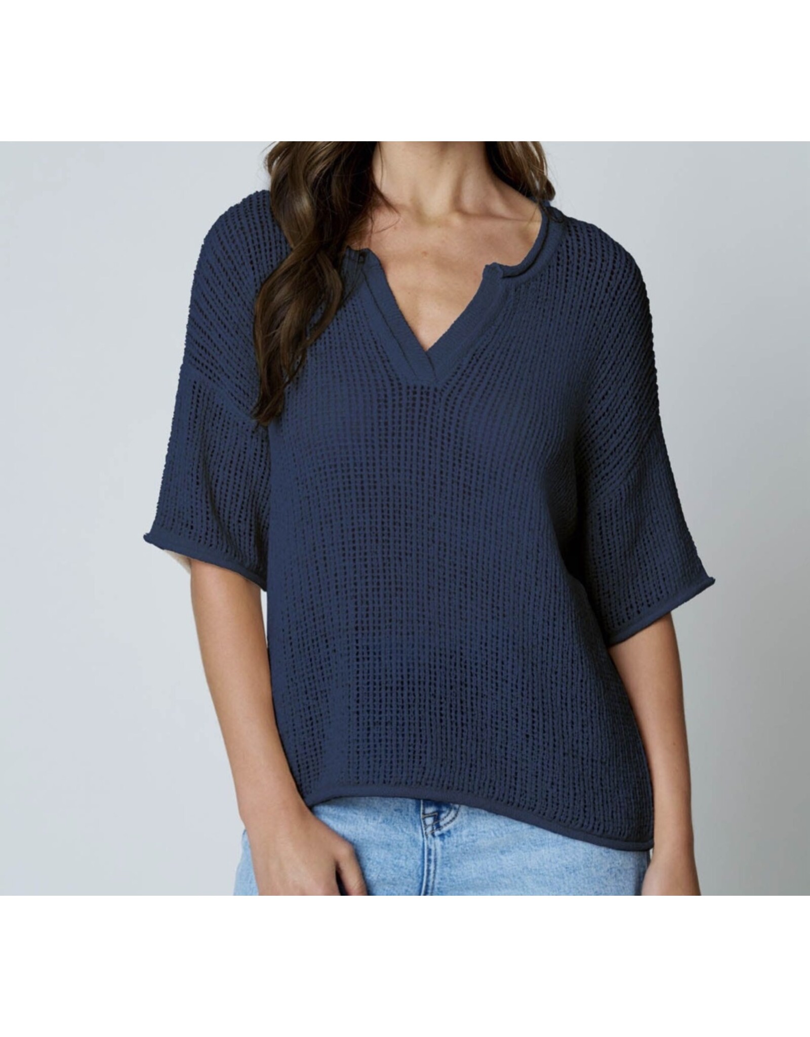 Blu pepper Split Neck S/S crochet knit top