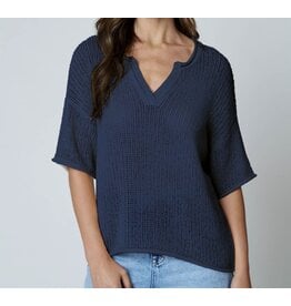 Blu pepper Split Neck S/S crochet knit top