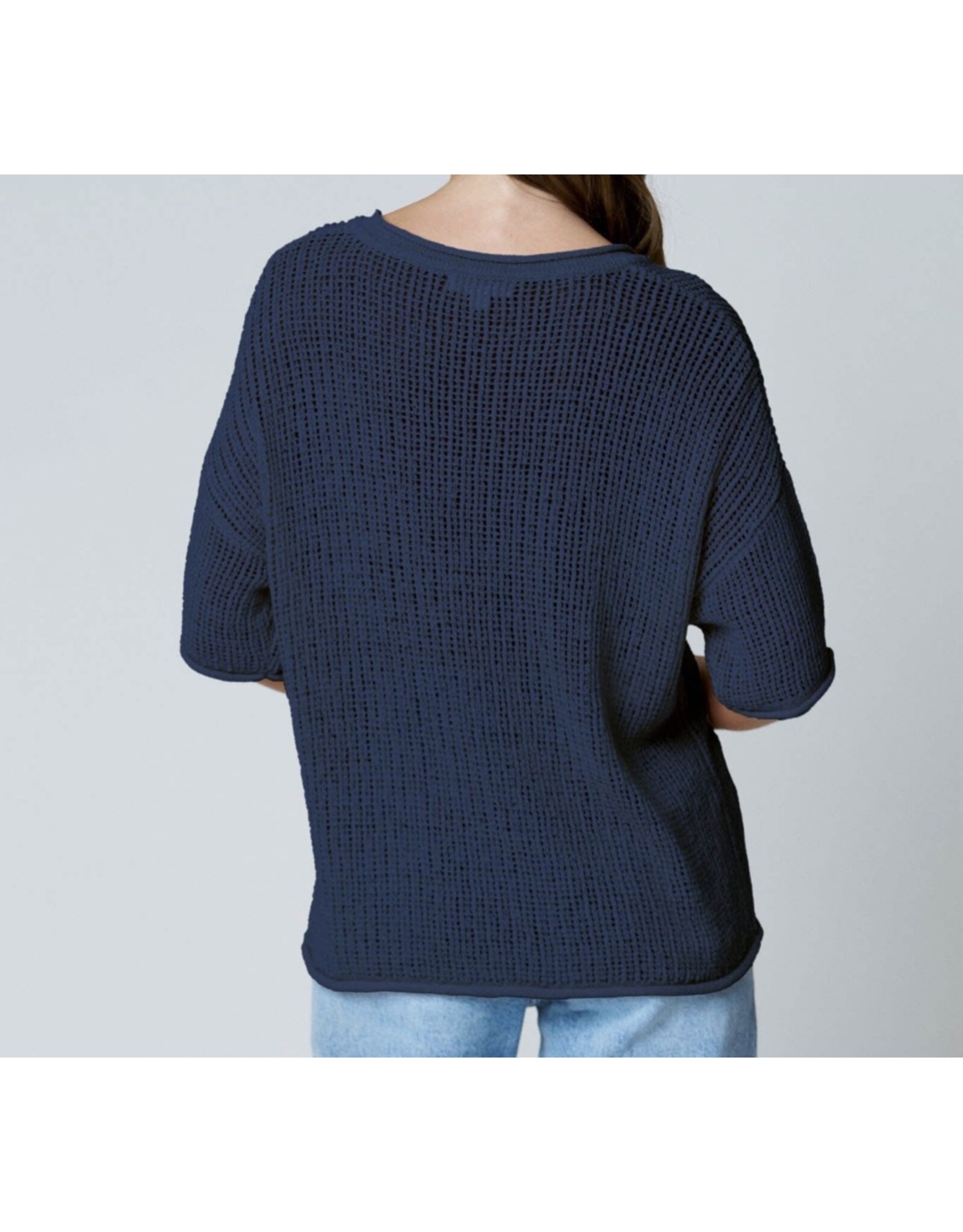 Blu pepper Split Neck S/S crochet knit top