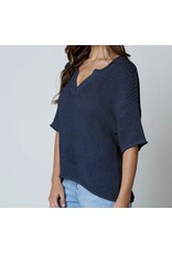 Blu pepper Split Neck S/S crochet knit top