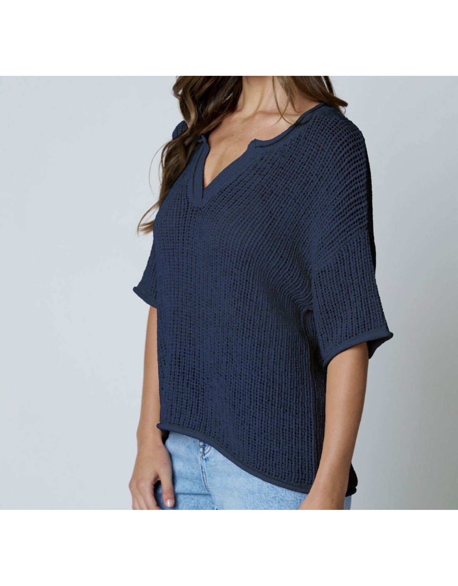 Blu pepper Split Neck S/S crochet knit top