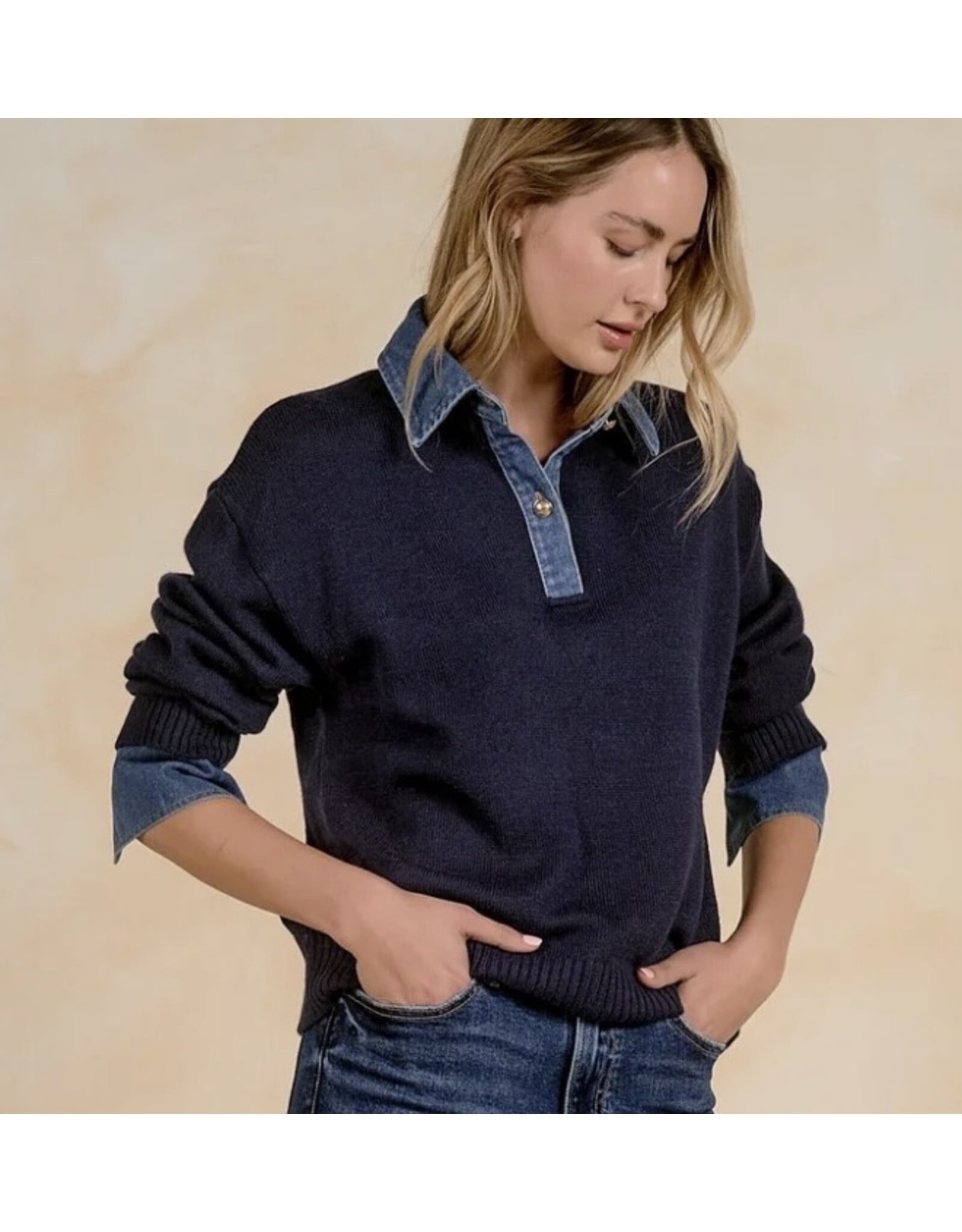 Elan Elan Navy & Denim Collared Sweater