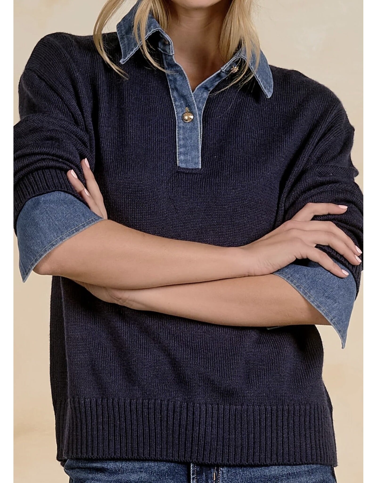 Elan Elan Navy & Denim Collared Sweater