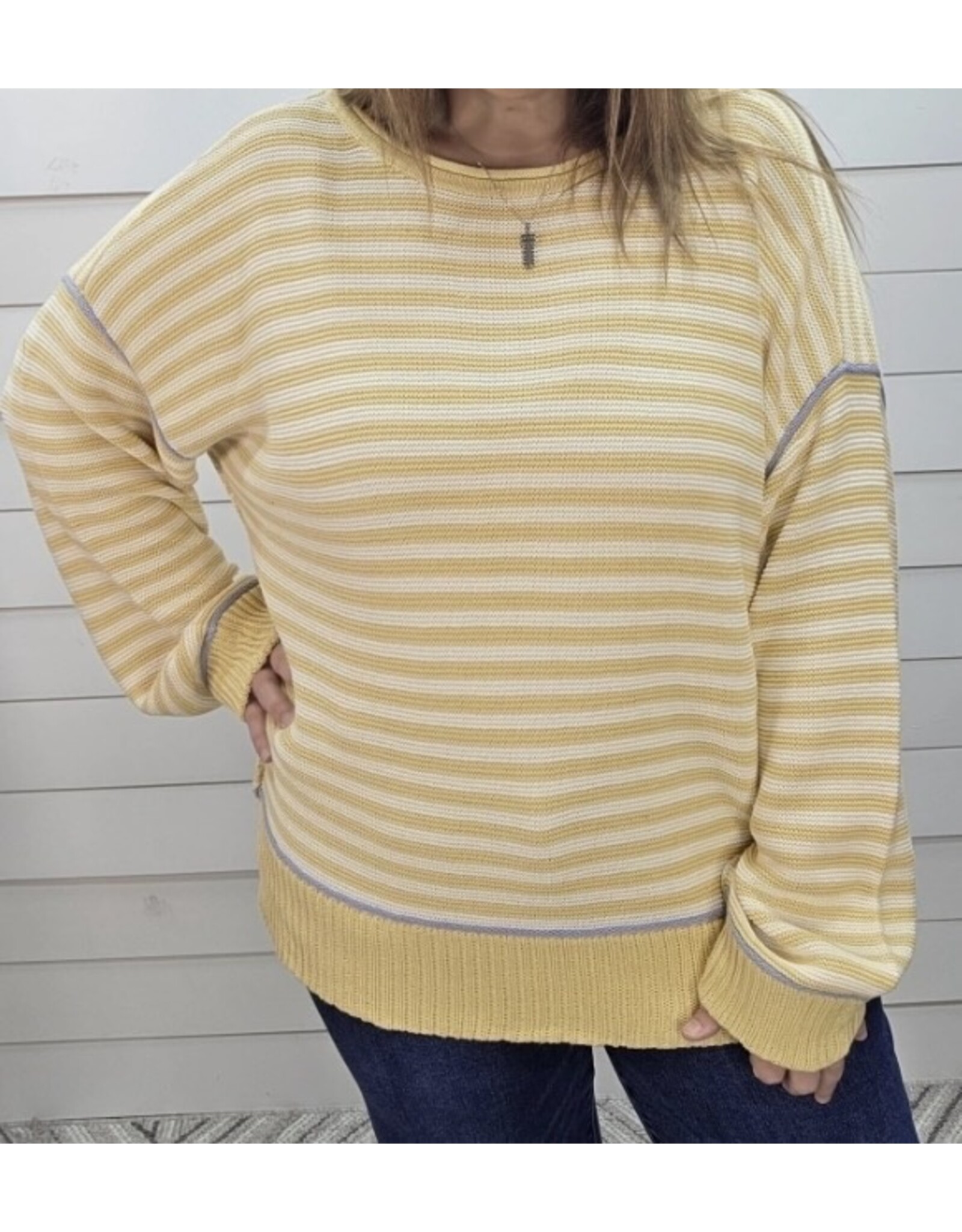 Blu pepper Yellow Striped Contrast Knit Sweater w/ Blue Trim