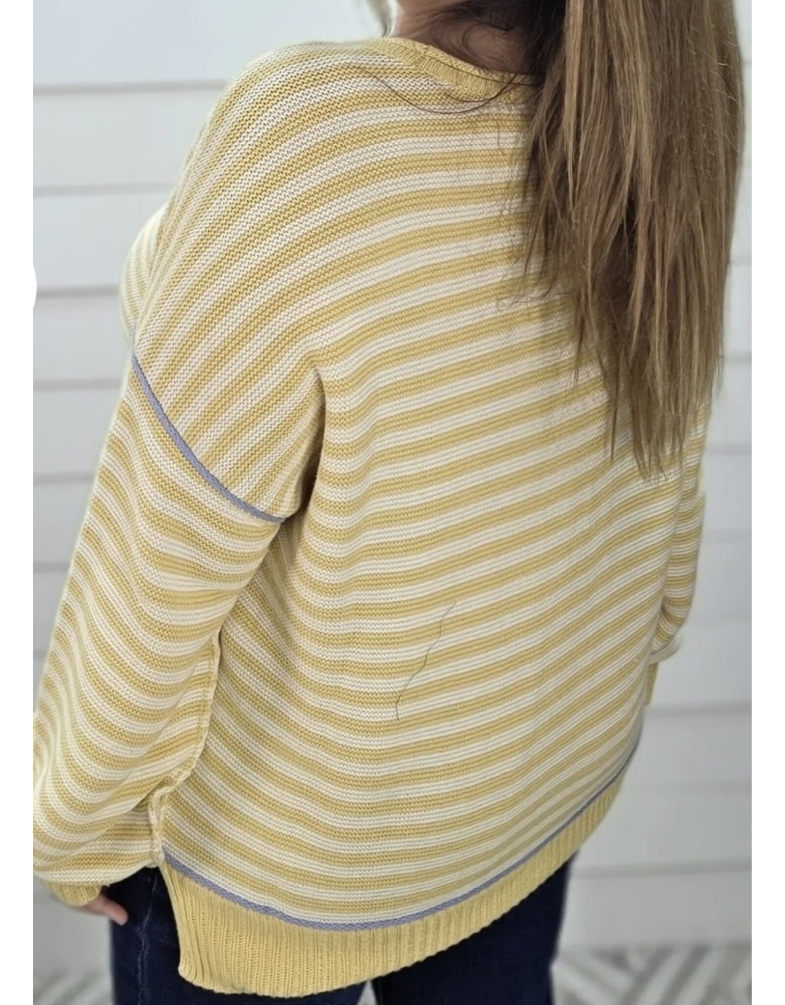 Blu pepper Yellow Striped Contrast Knit Sweater w/ Blue Trim