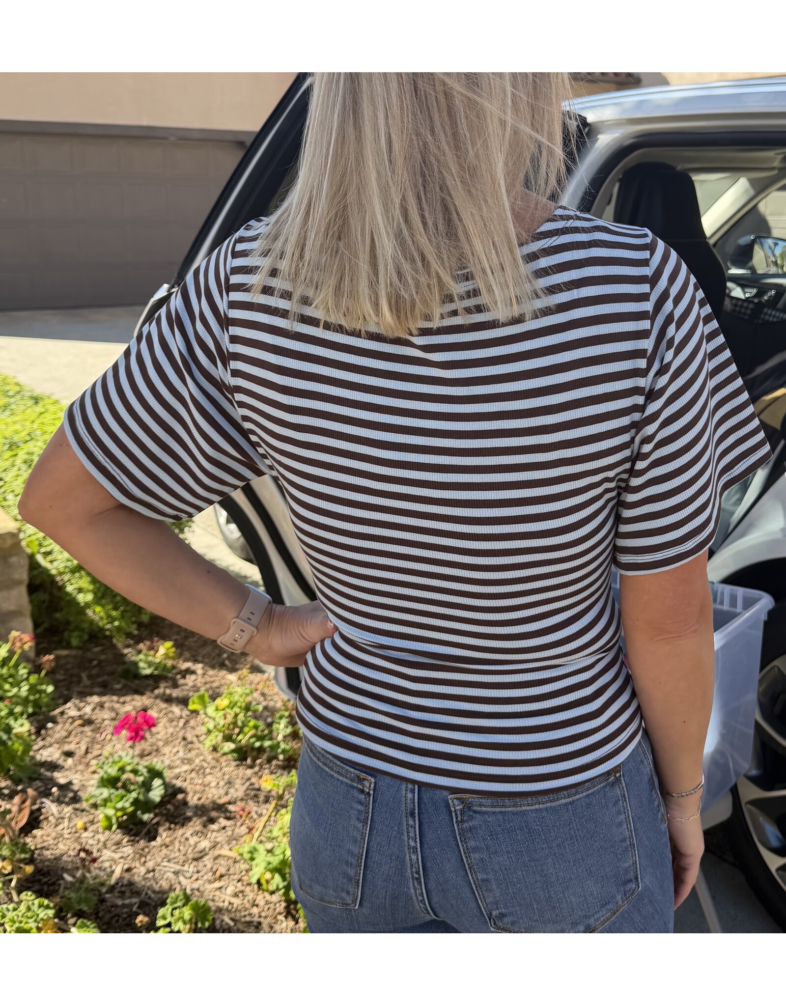 Wasabi Stripe S/S Brown/Lt Blue Top