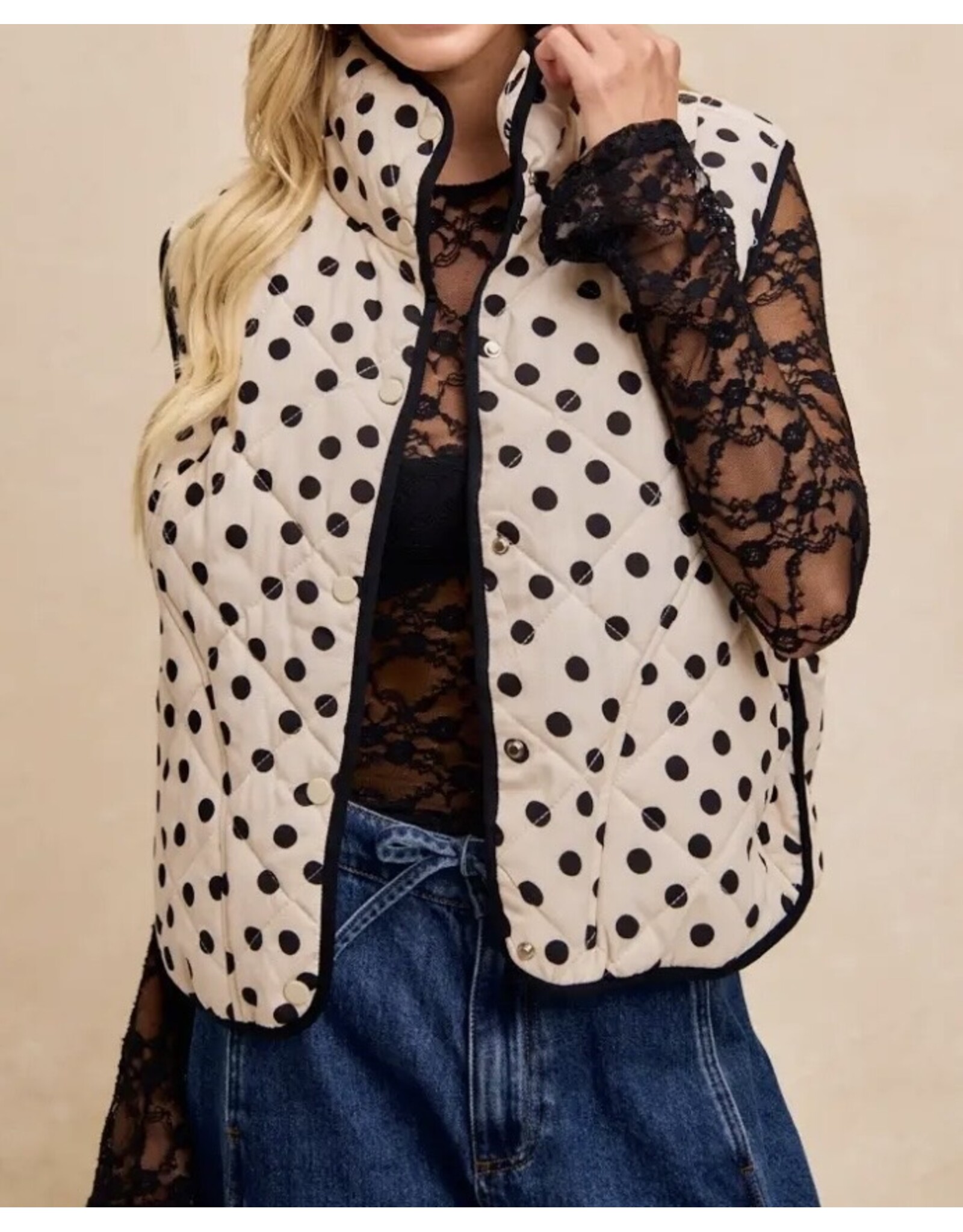 Polka Dot Print Piping Quilt  Vest