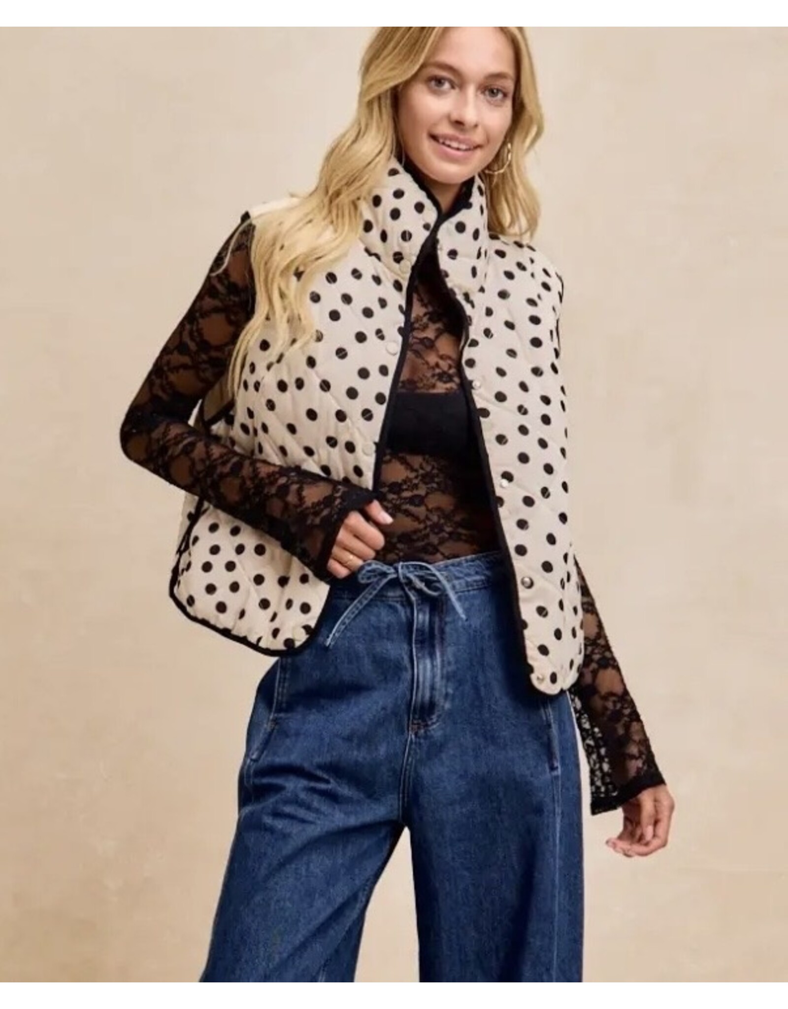 Polka Dot Print Piping Quilt  Vest