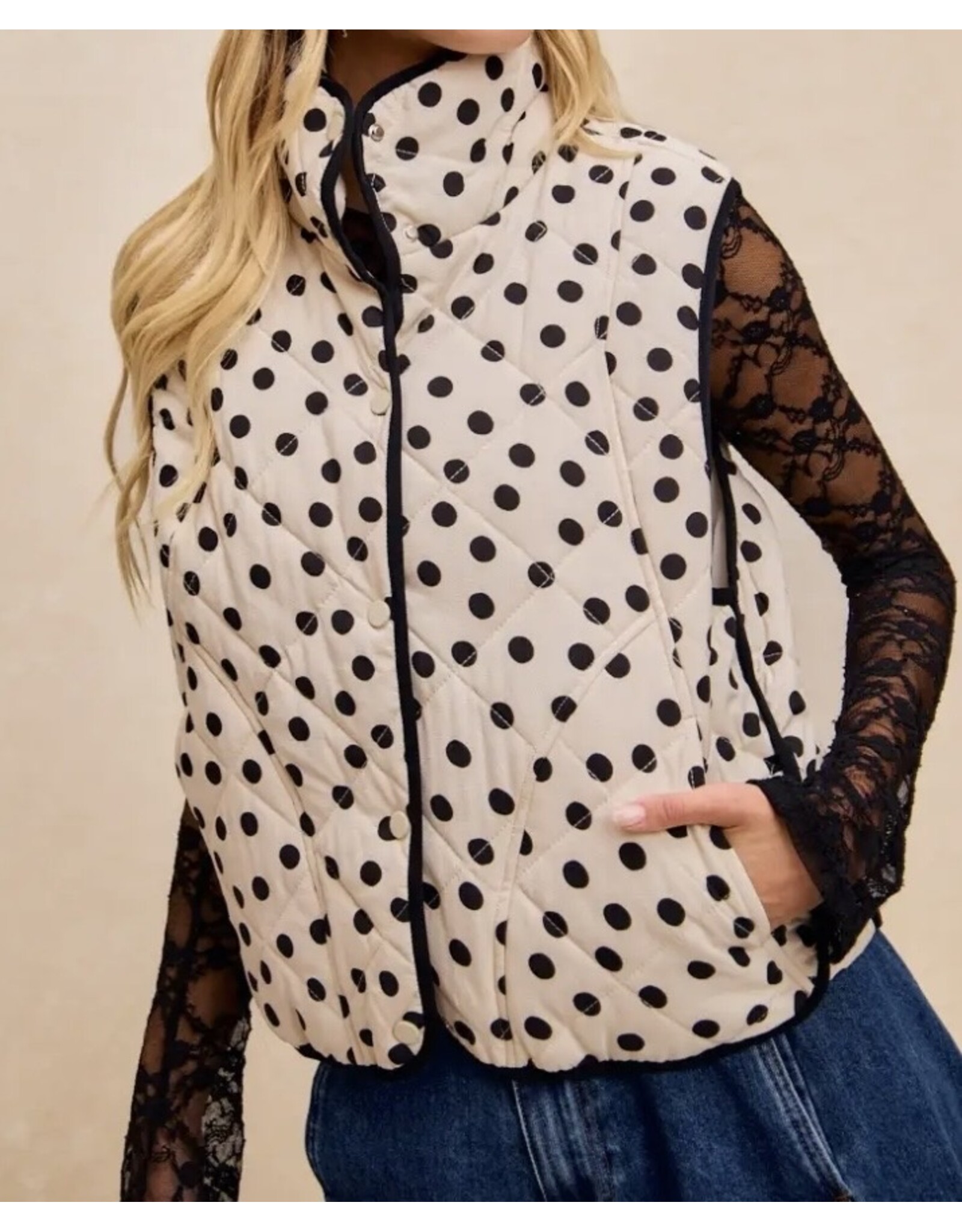 Polka Dot Print Piping Quilt  Vest