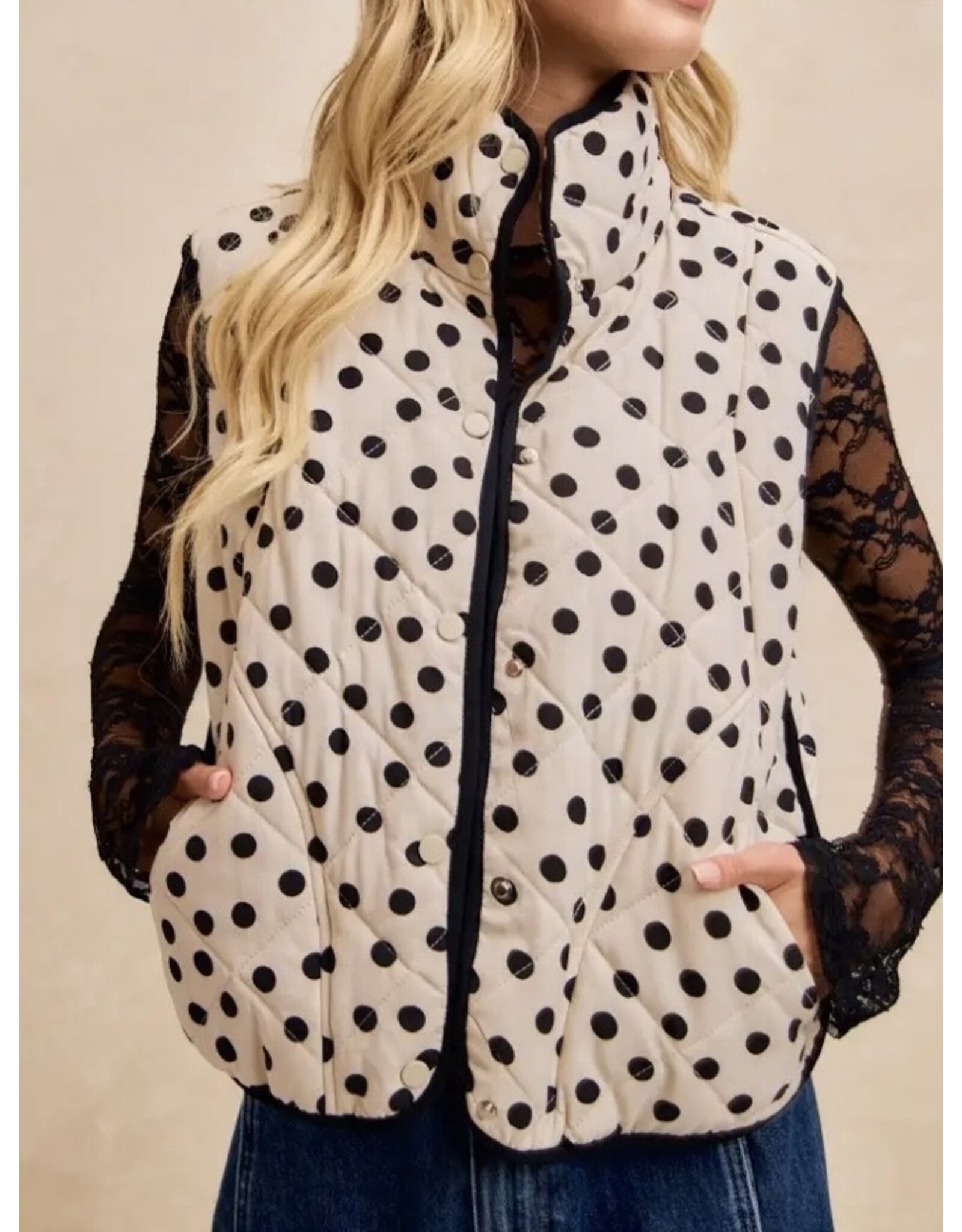 Polka Dot Print Piping Quilt  Vest
