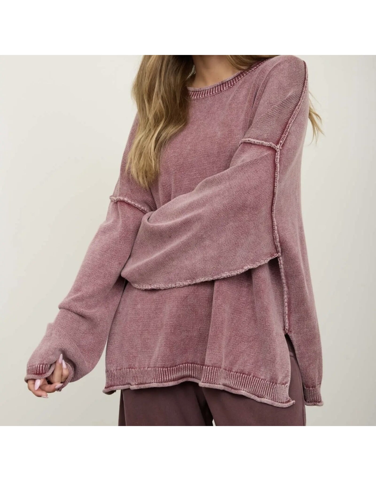 Blu pepper Washed Raw Edge Drop Sleeve Sweater