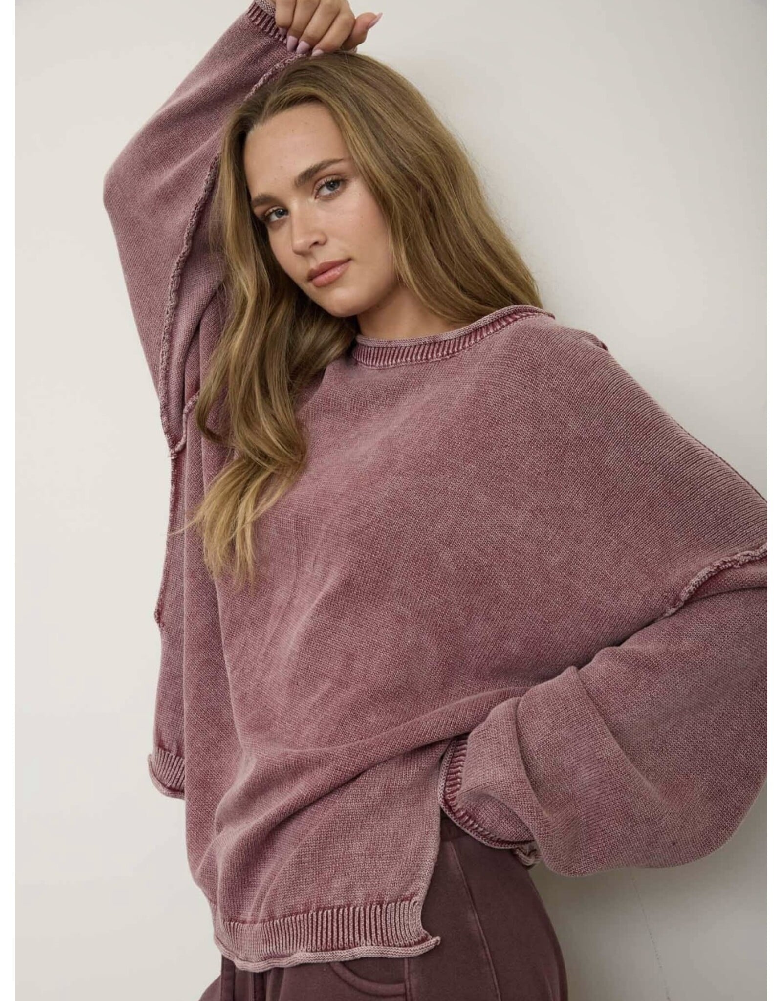 Blu pepper Washed Raw Edge Drop Sleeve Sweater