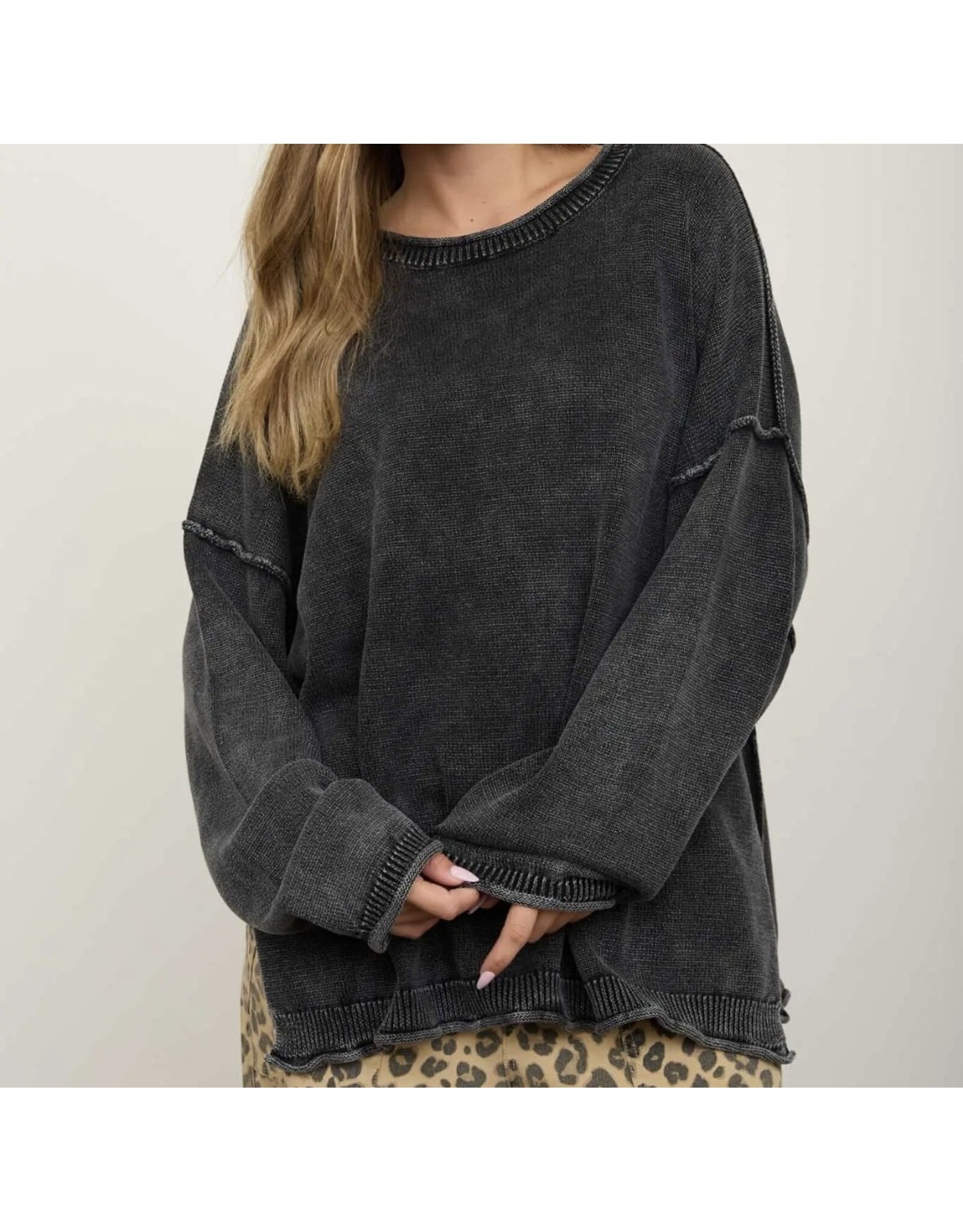 Blu pepper Washed Raw Edge Drop Sleeve Sweater