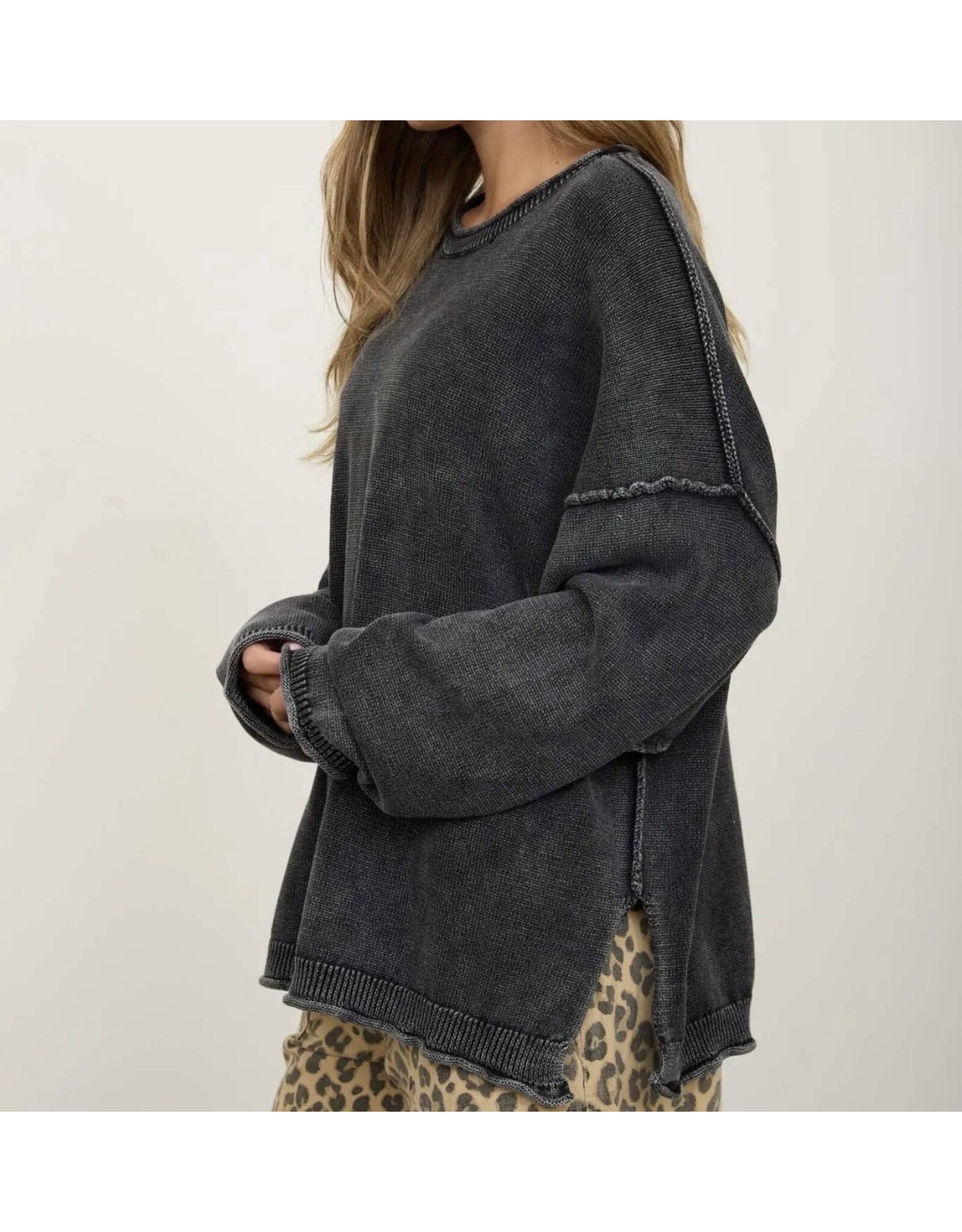Blu pepper Washed Raw Edge Drop Sleeve Sweater