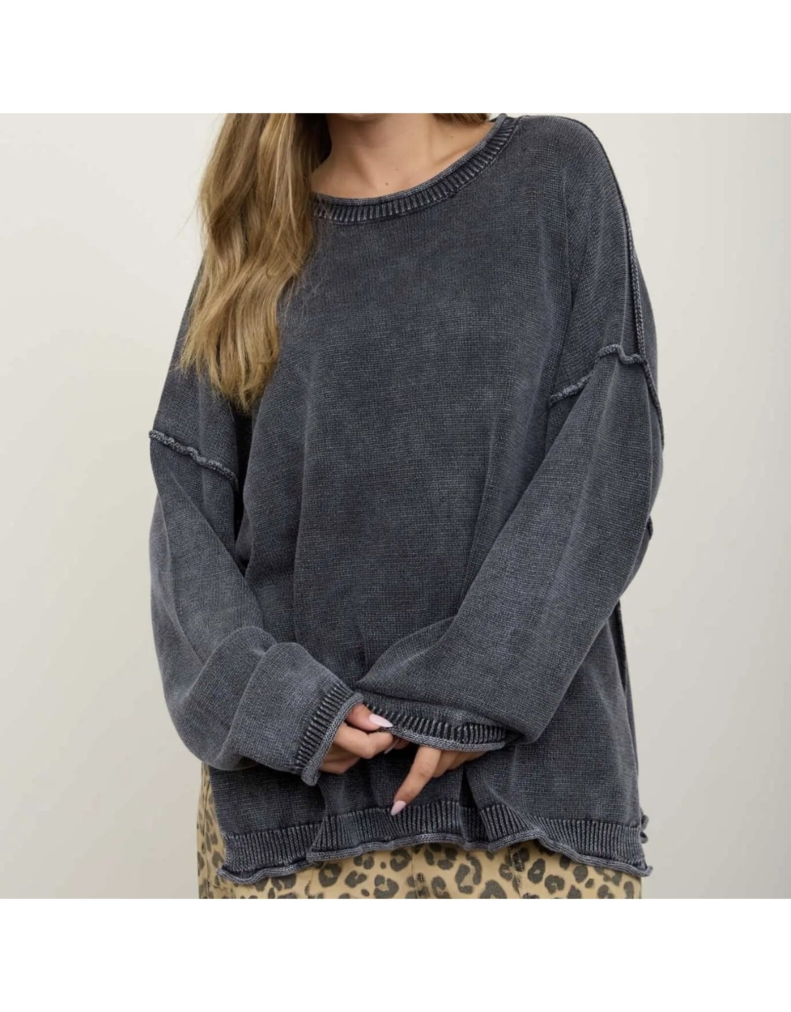 Blu pepper Washed Raw Edge Drop Sleeve Sweater