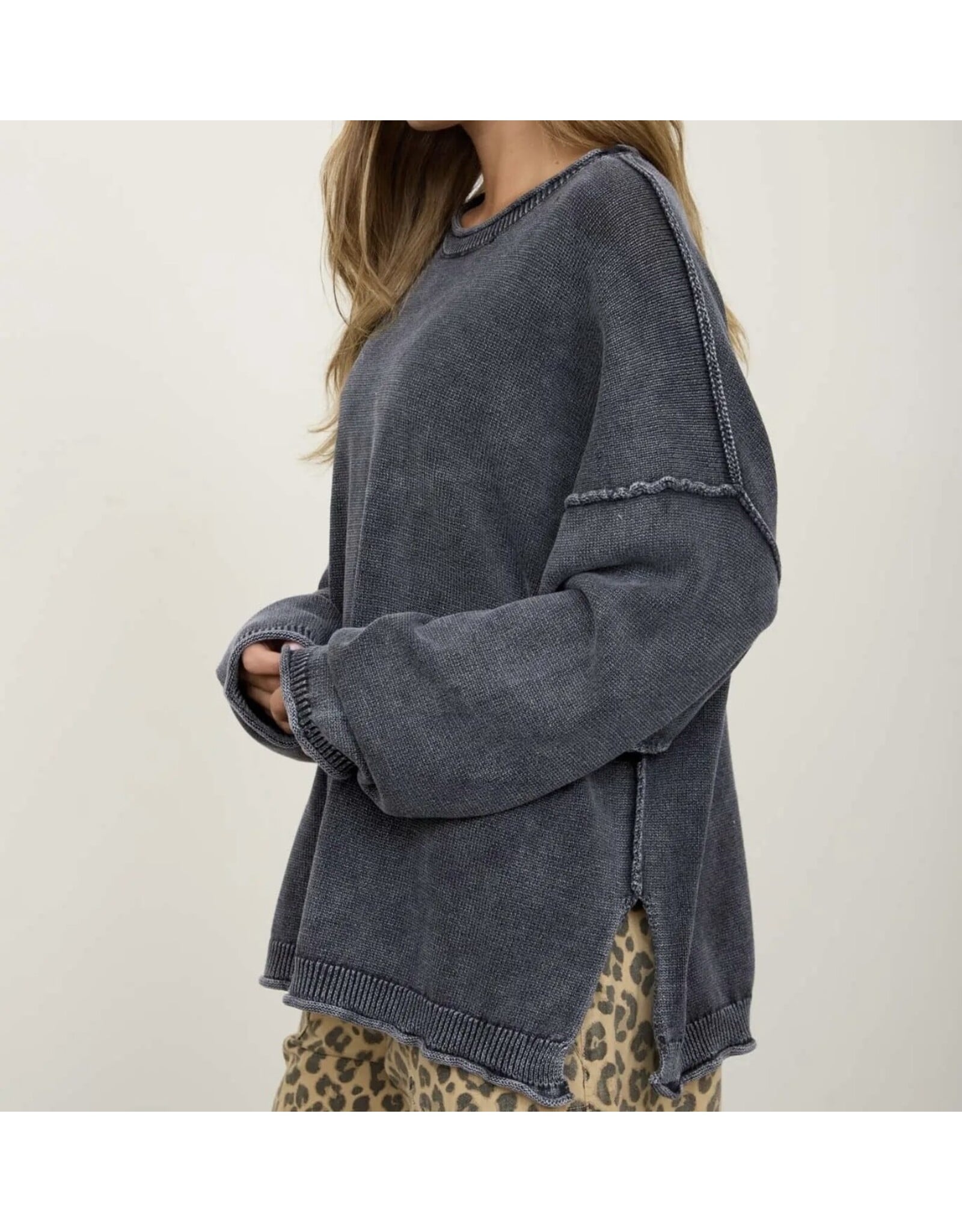 Blu pepper Washed Raw Edge Drop Sleeve Sweater