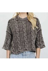 Blu pepper Washed 3/4 Slv Cable Knit Pullover Brown