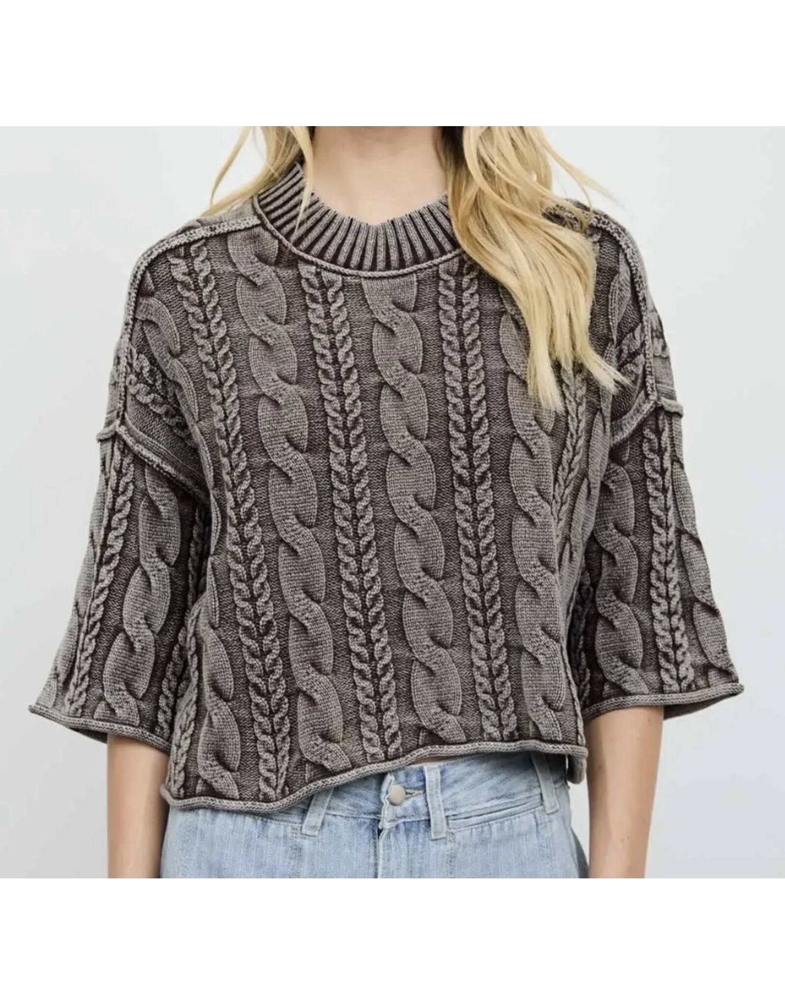 Blu pepper Washed 3/4 Slv Cable Knit Pullover Brown