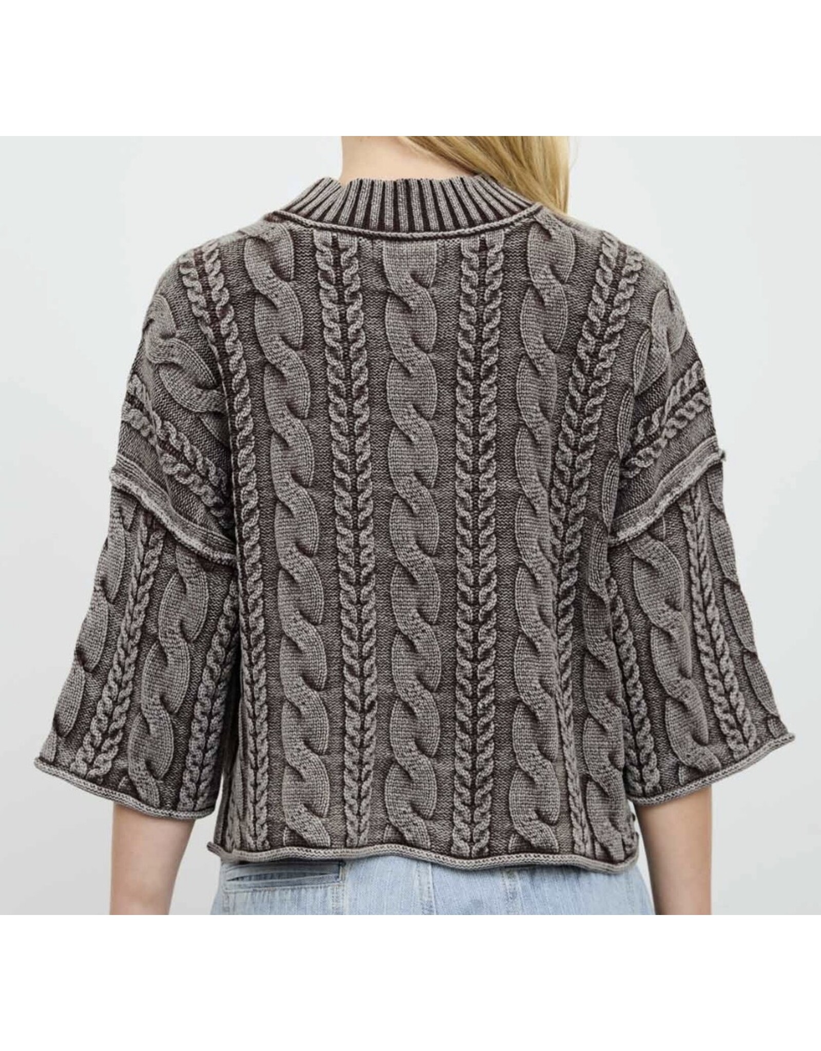 Blu pepper Washed 3/4 Slv Cable Knit Pullover Brown
