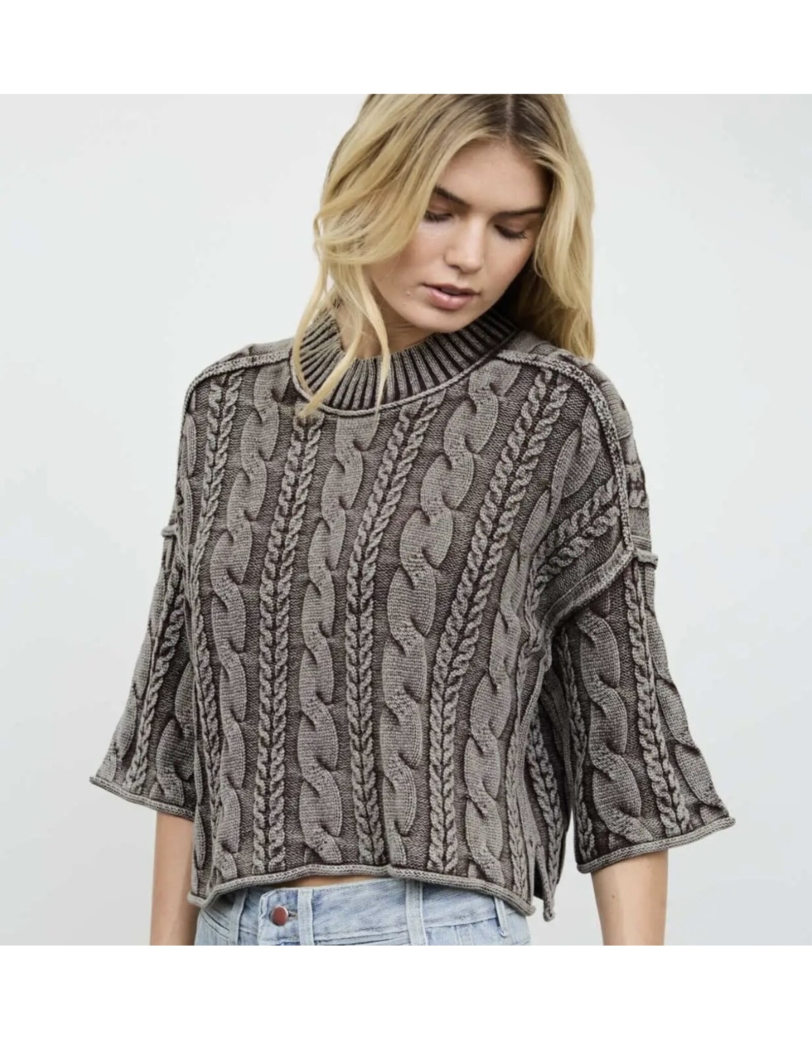 Blu pepper Washed 3/4 Slv Cable Knit Pullover Brown