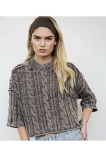 Blu pepper Washed 3/4 Slv Cable Knit Pullover Brown