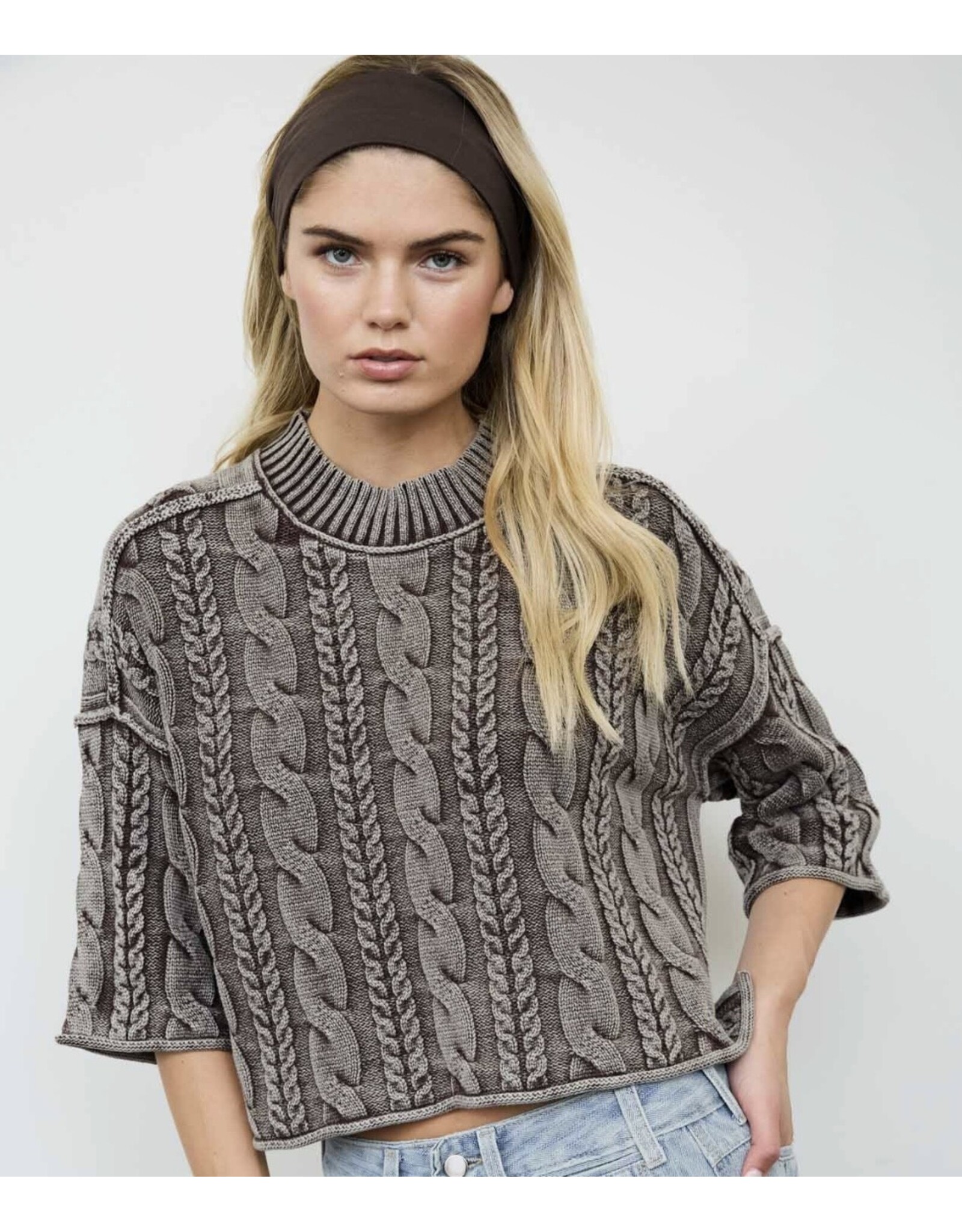 Blu pepper Washed 3/4 Slv Cable Knit Pullover Brown