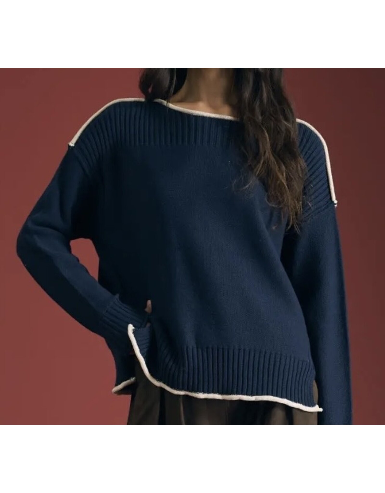 Blu pepper Navy Contrast Trim Boat Neck Ribbed Detail Sweater