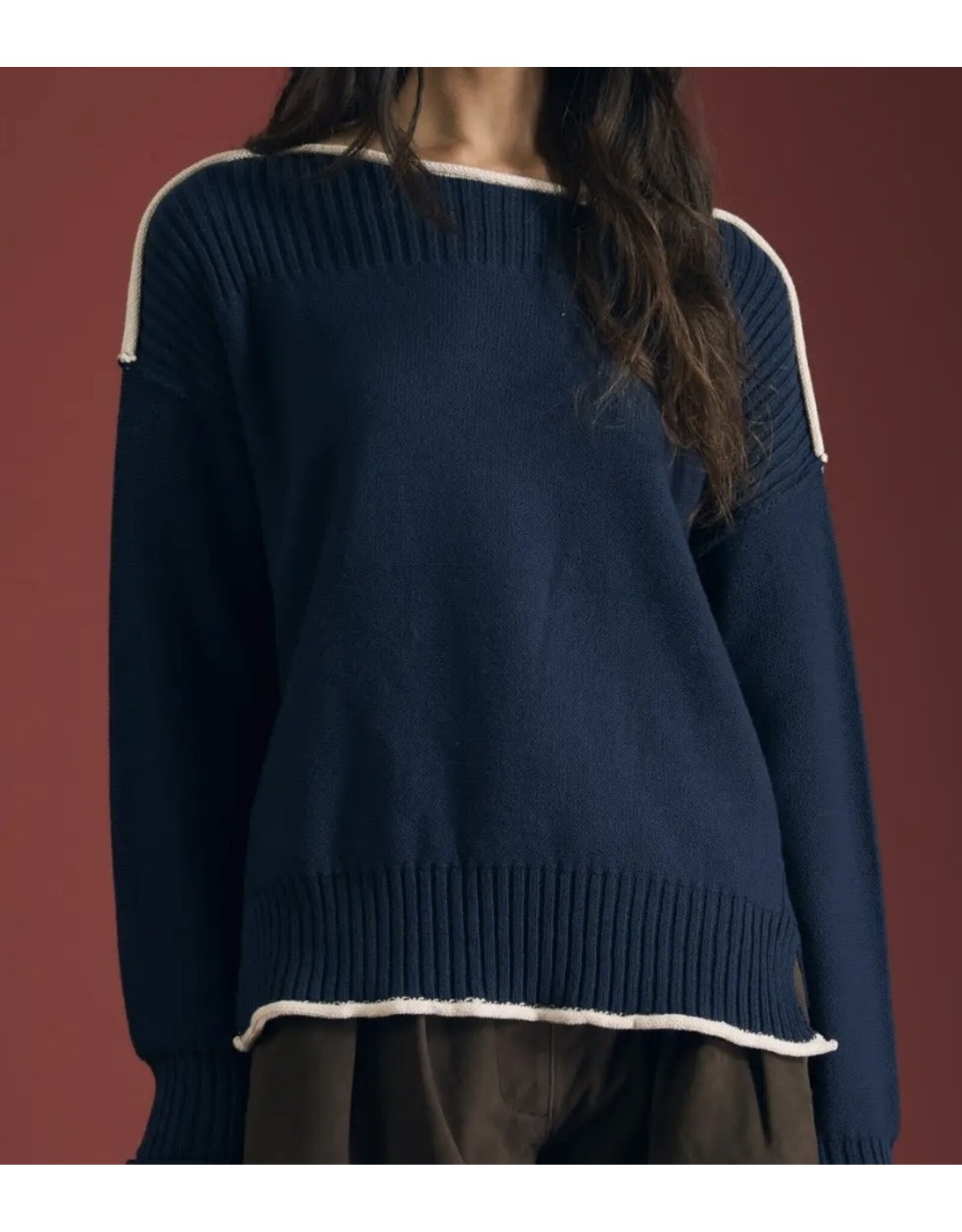 Blu pepper Navy Contrast Trim Boat Neck Ribbed Detail Sweater
