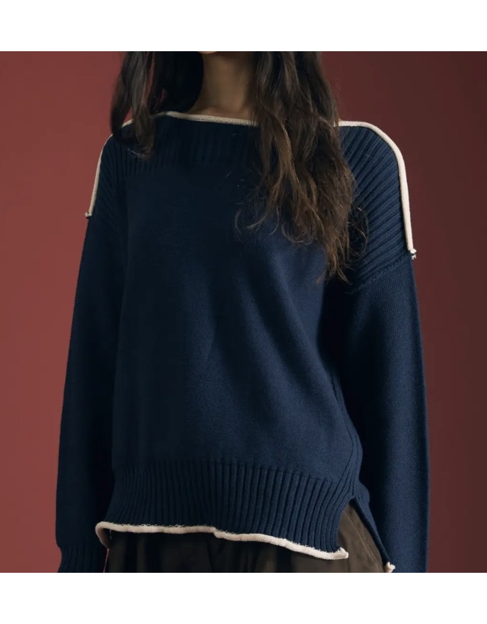 Blu pepper Navy Contrast Trim Boat Neck Ribbed Detail Sweater