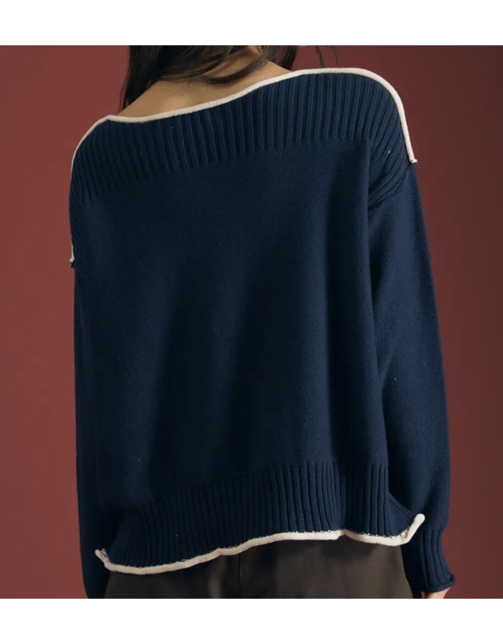 Blu pepper Navy Contrast Trim Boat Neck Ribbed Detail Sweater