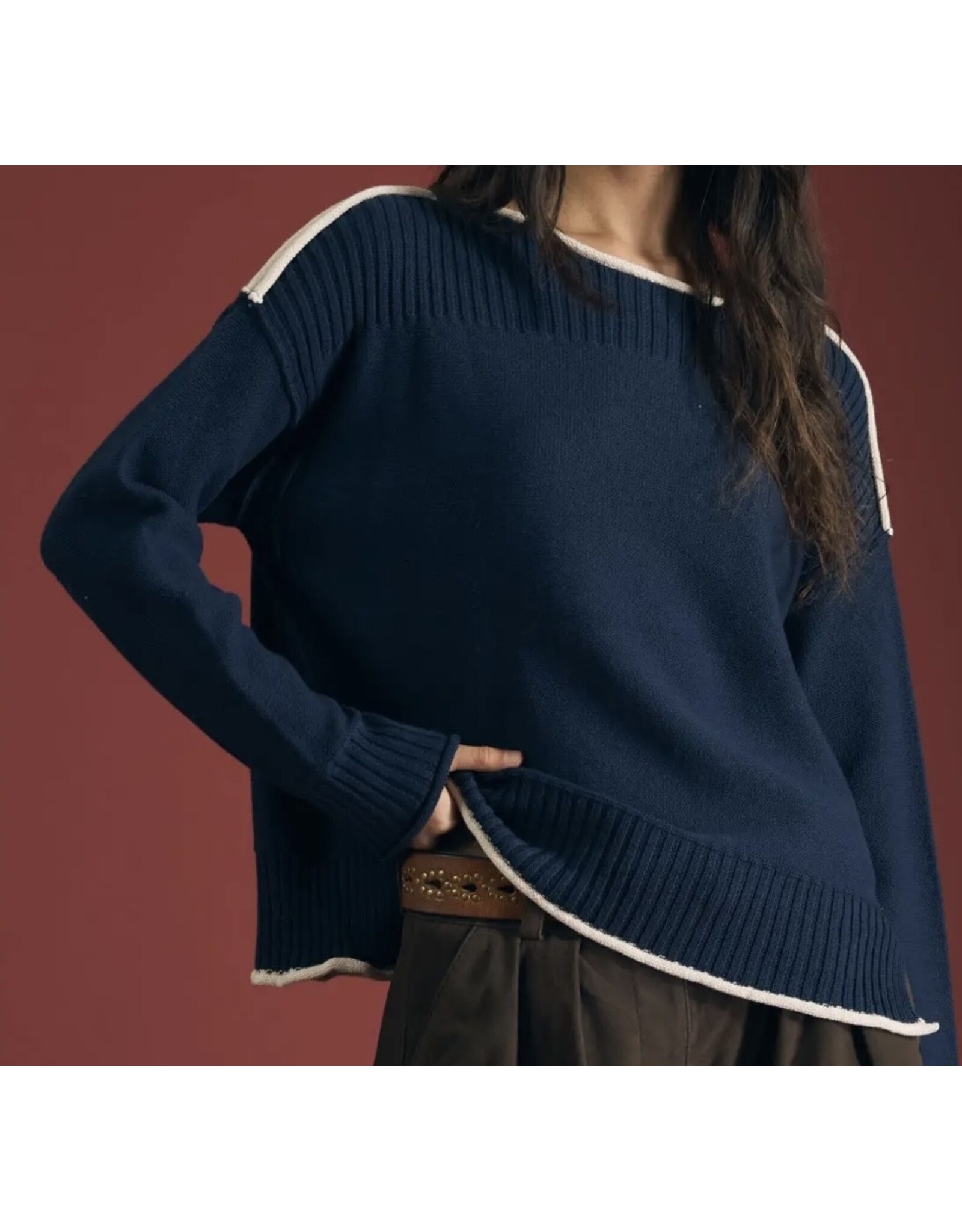 Blu pepper Navy Contrast Trim Boat Neck Ribbed Detail Sweater