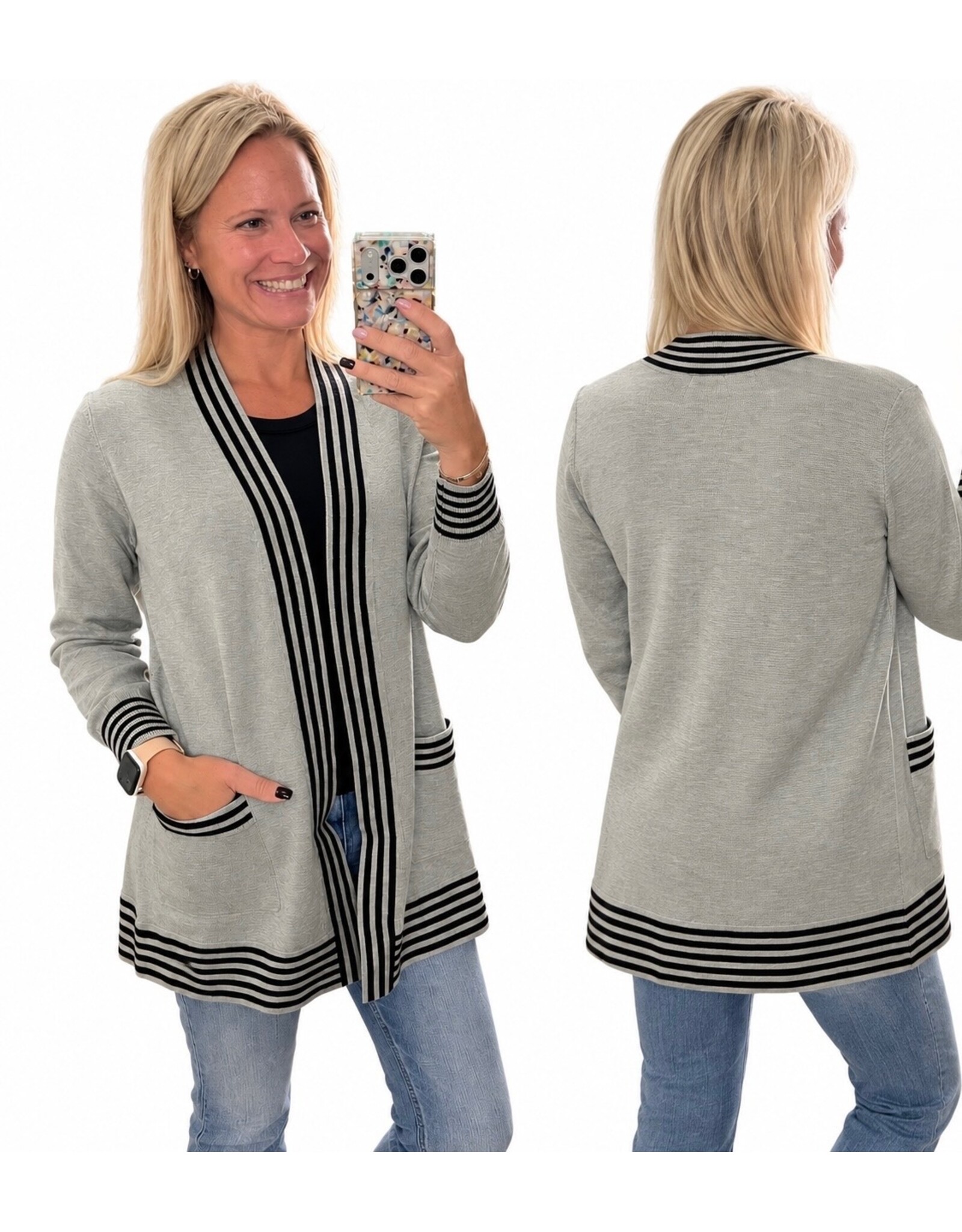 Gray Cardigan w/ Black stripes w/ pockets