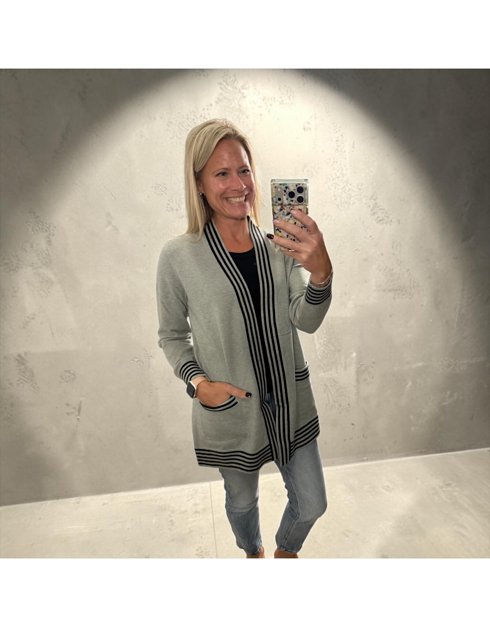 Gray Cardigan w/ Black stripes w/ pockets