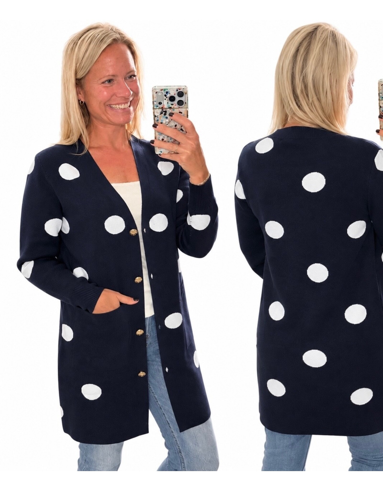 Navy with polkadots cardigan w/ gold snaps
